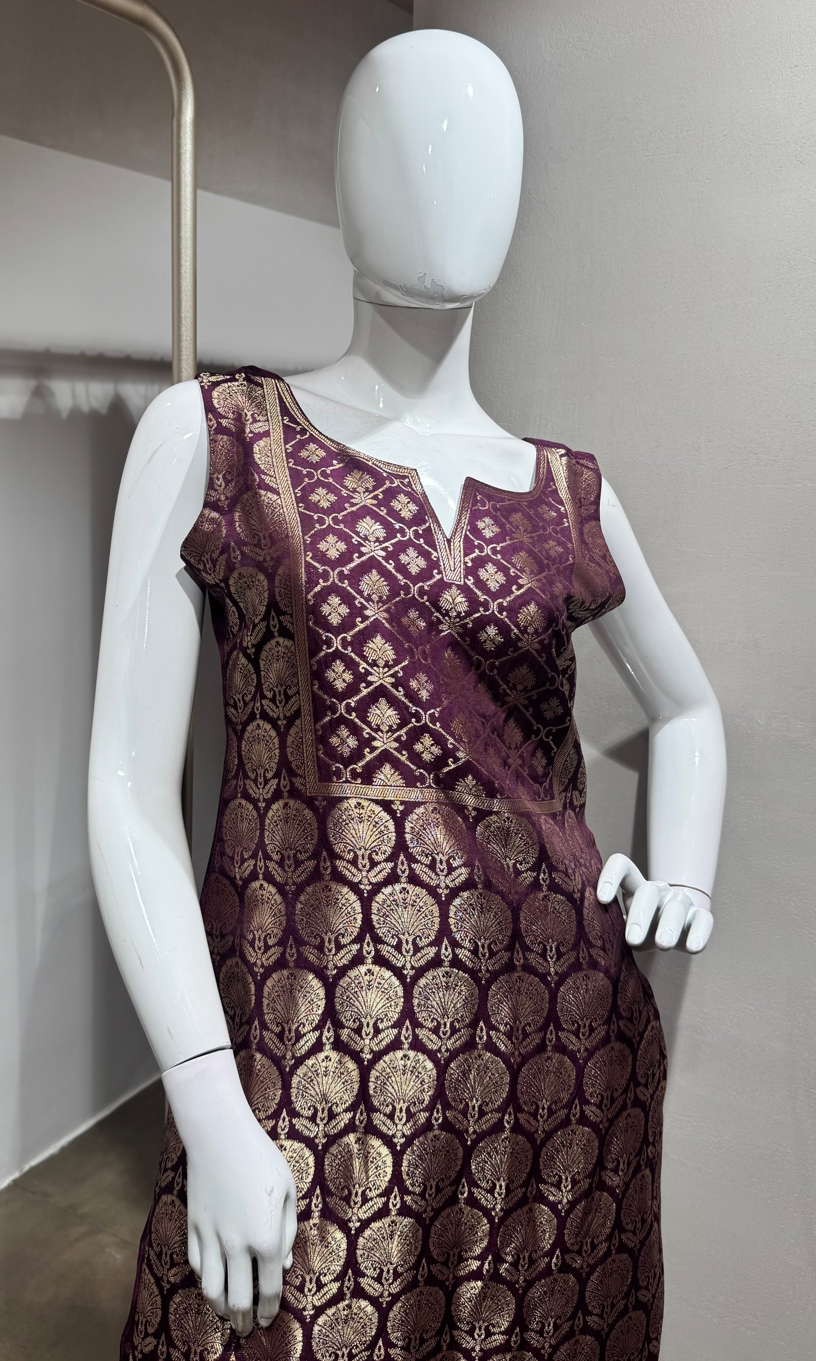Wine golden banarasi kurta set