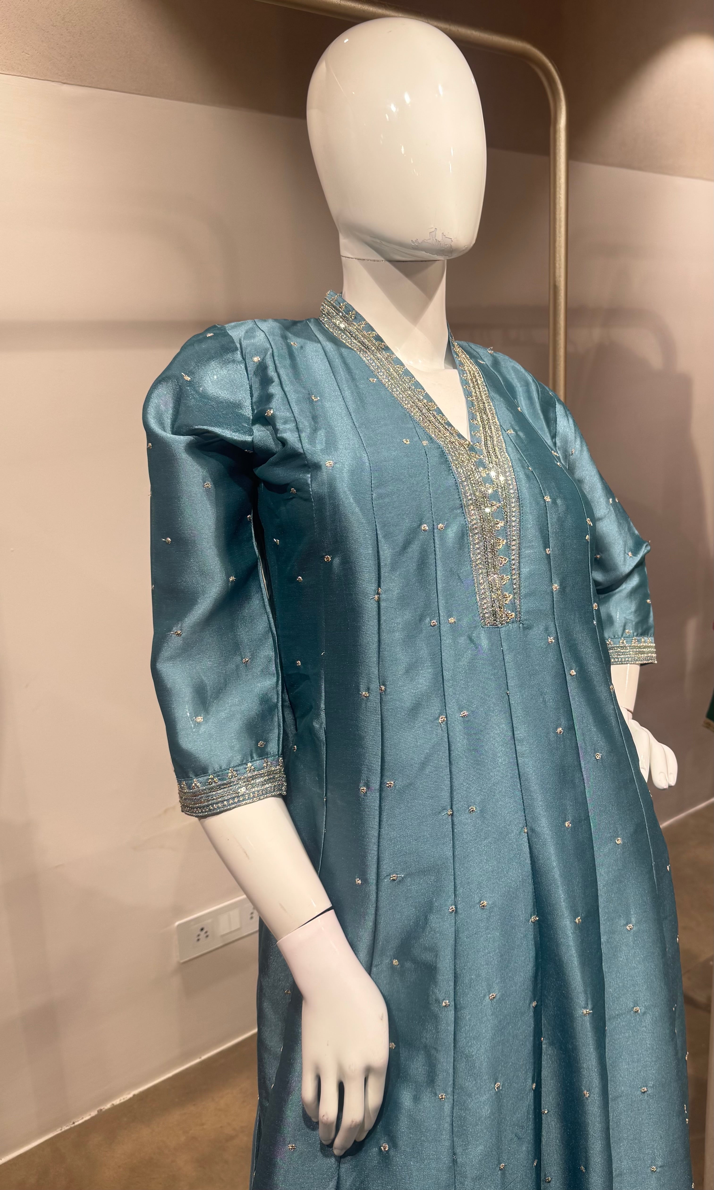 Blue silk golden embroidered anarkali set