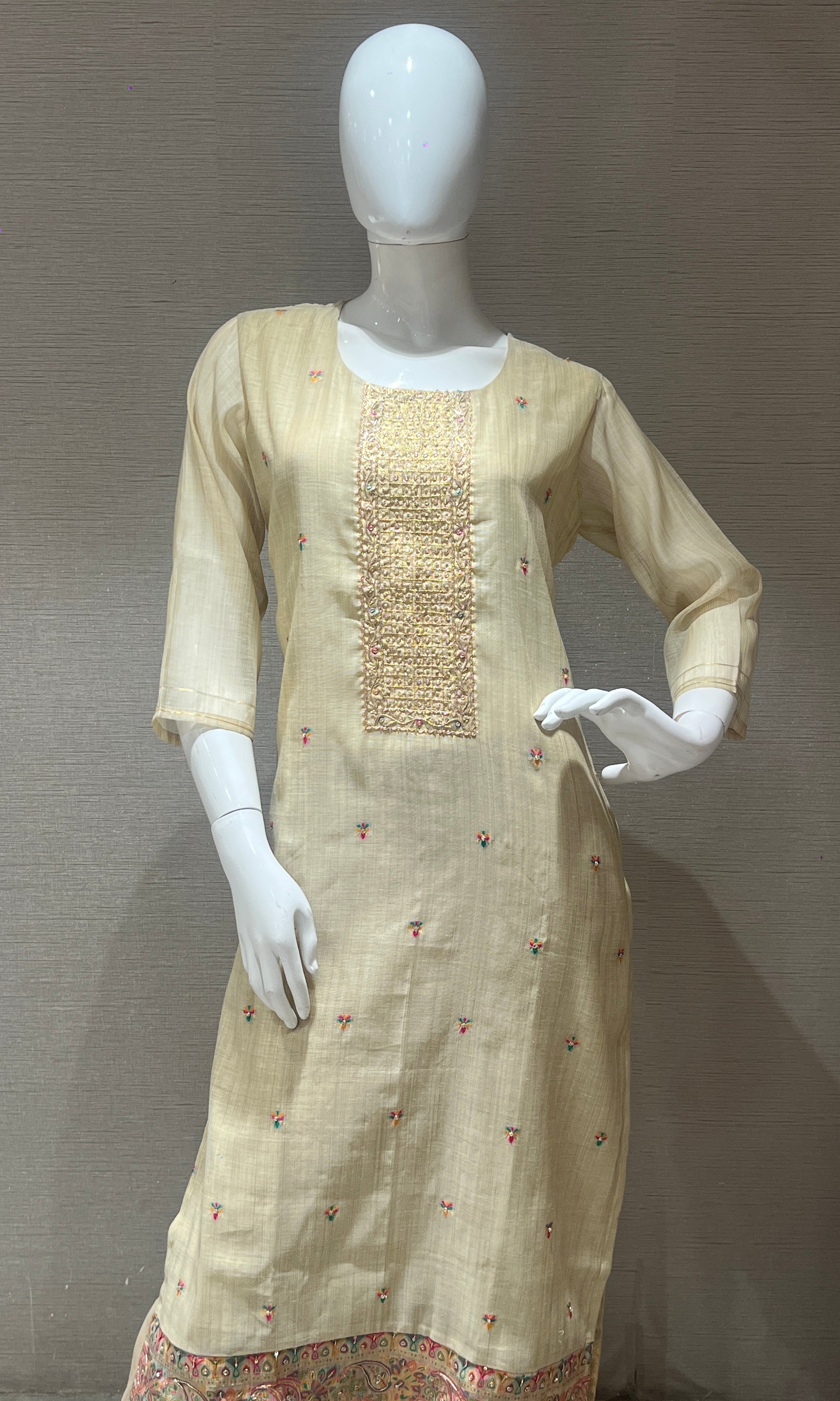 Cream Embroidered Kurta Set with Floral Dupatta
