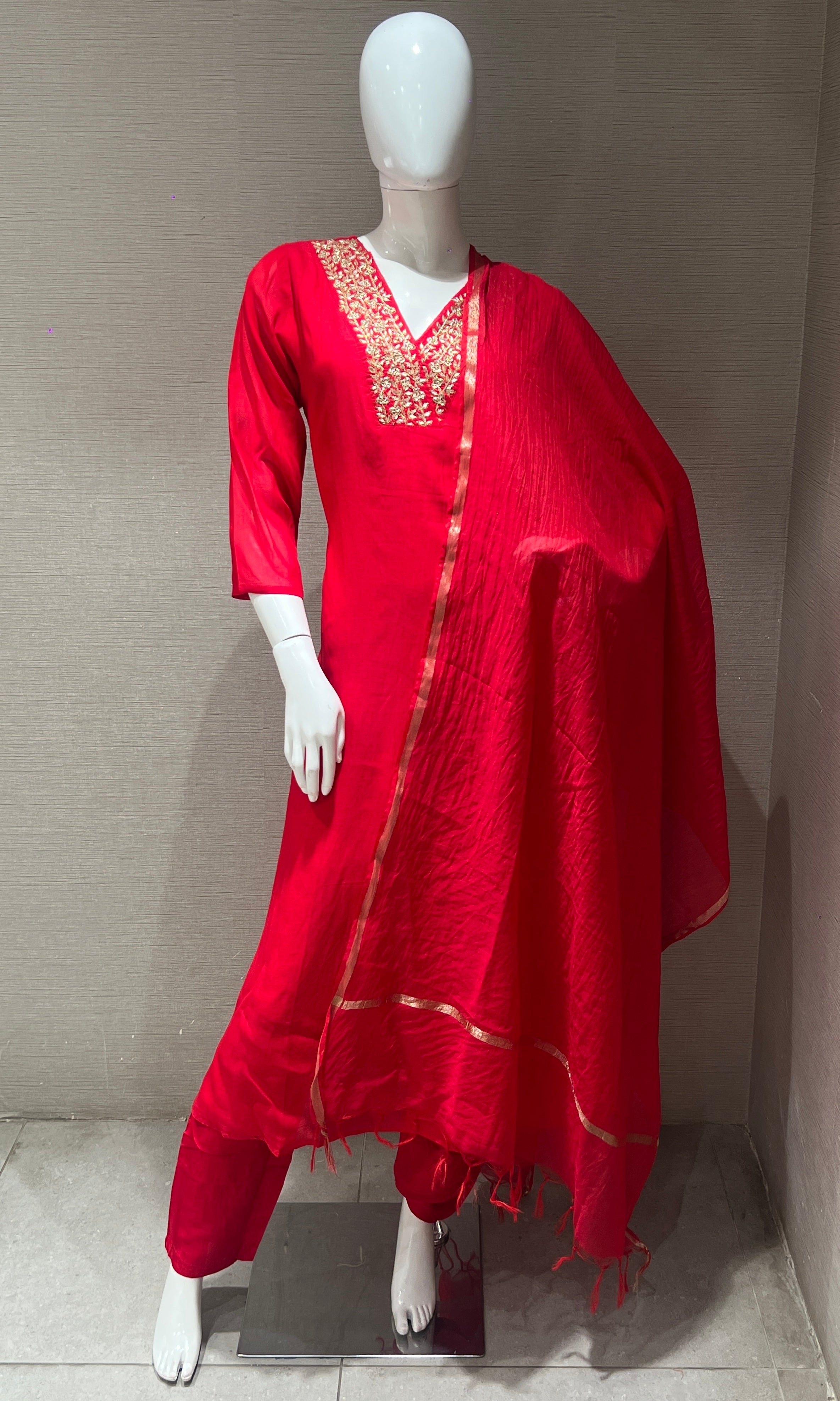 Red Embroidered Kurta Set