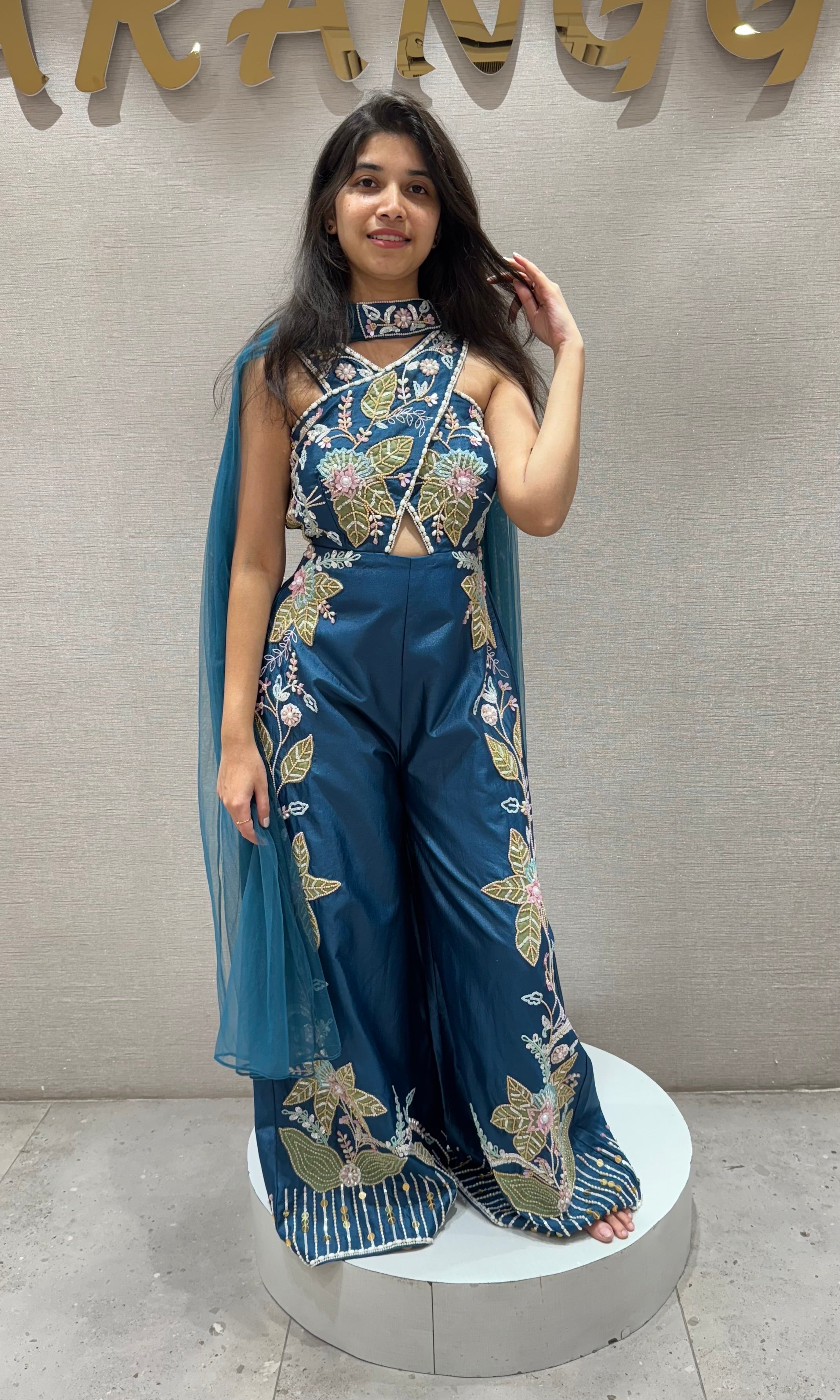Teal blue Halter embellished jumpsuit
