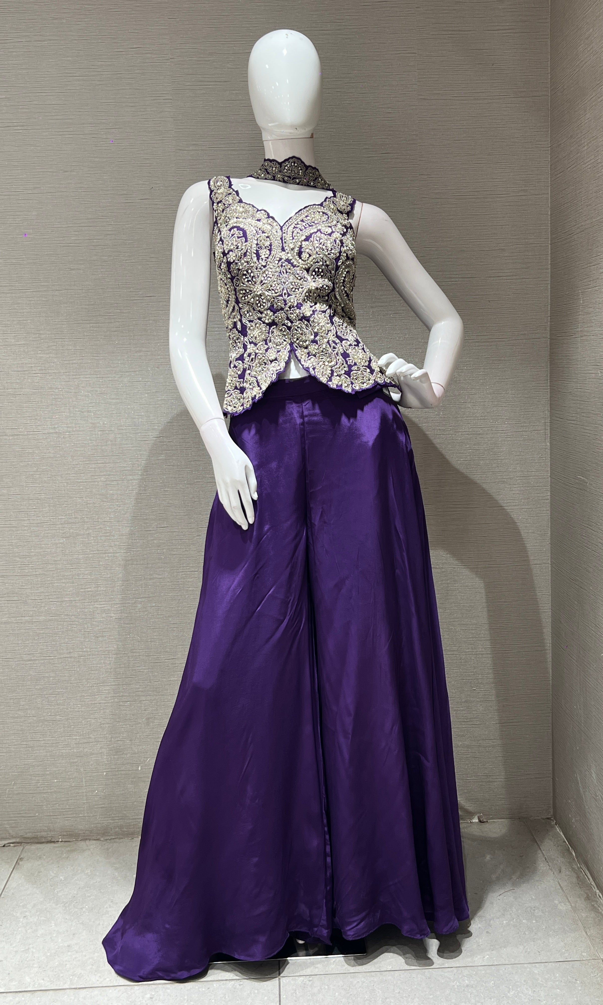 PURPLE EMBROIDERED PEPLUM PALAZZO SET