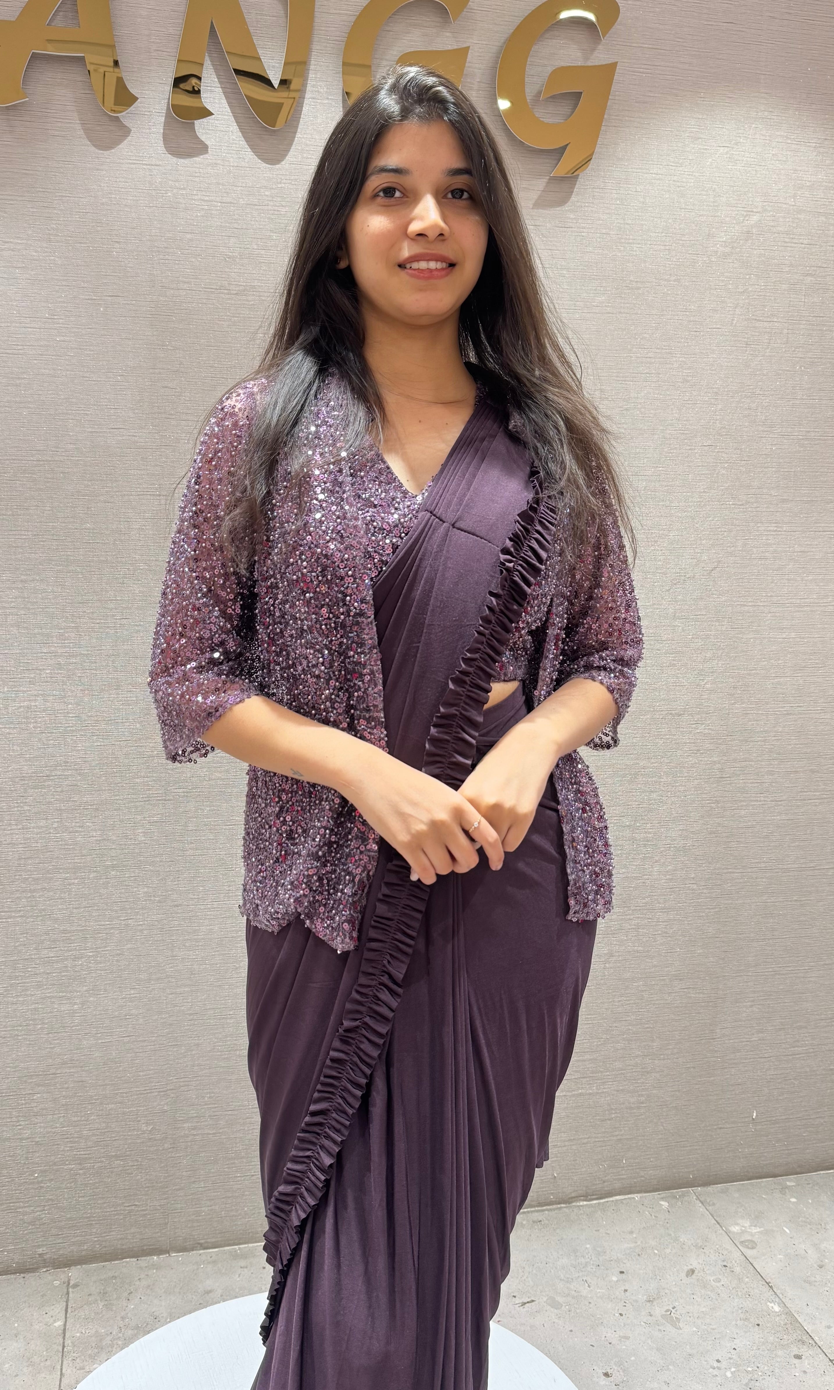 Wine Drape Saree with Embroidered Jacket