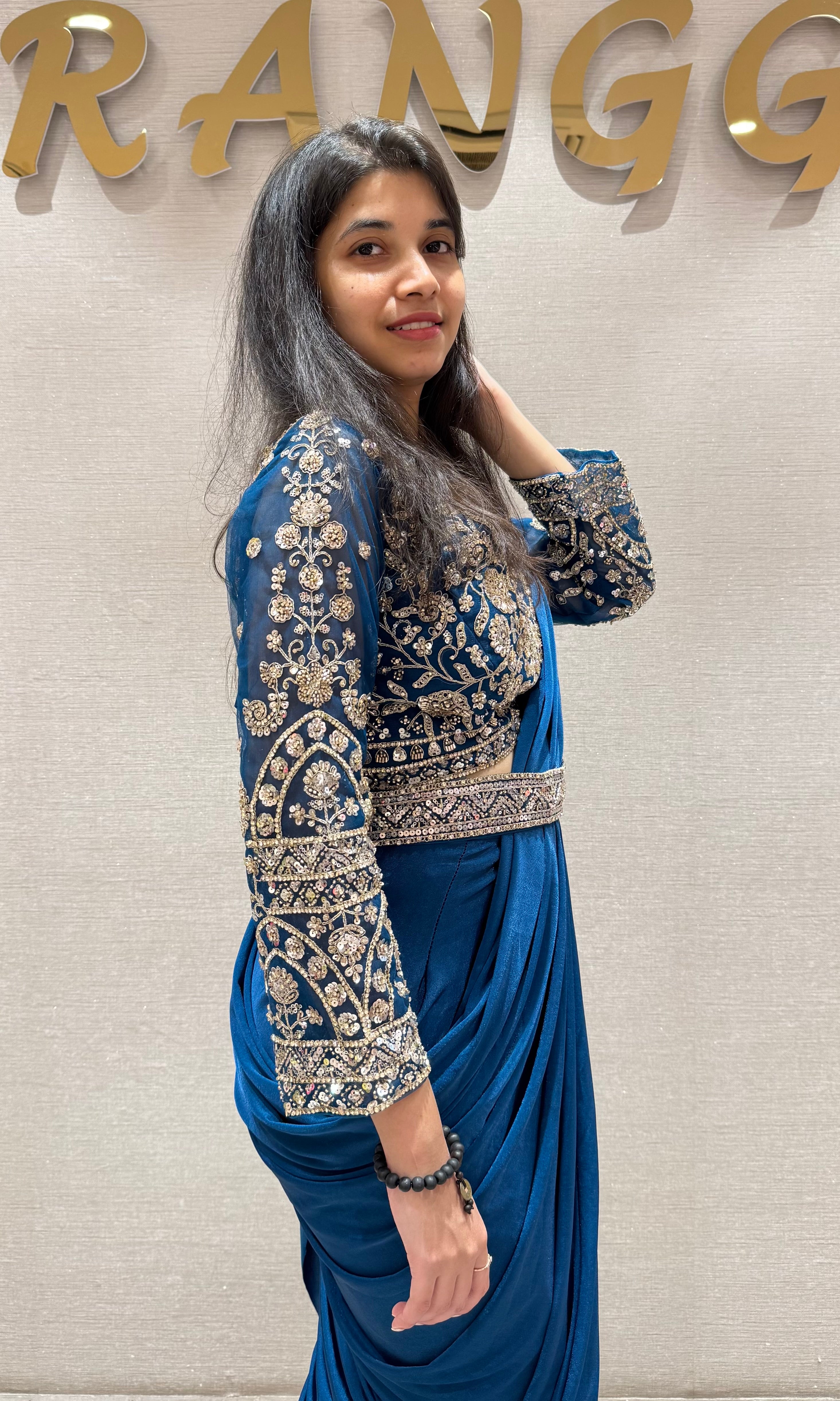 Blue drape saree WITH EMBROIDERED BLOUSE