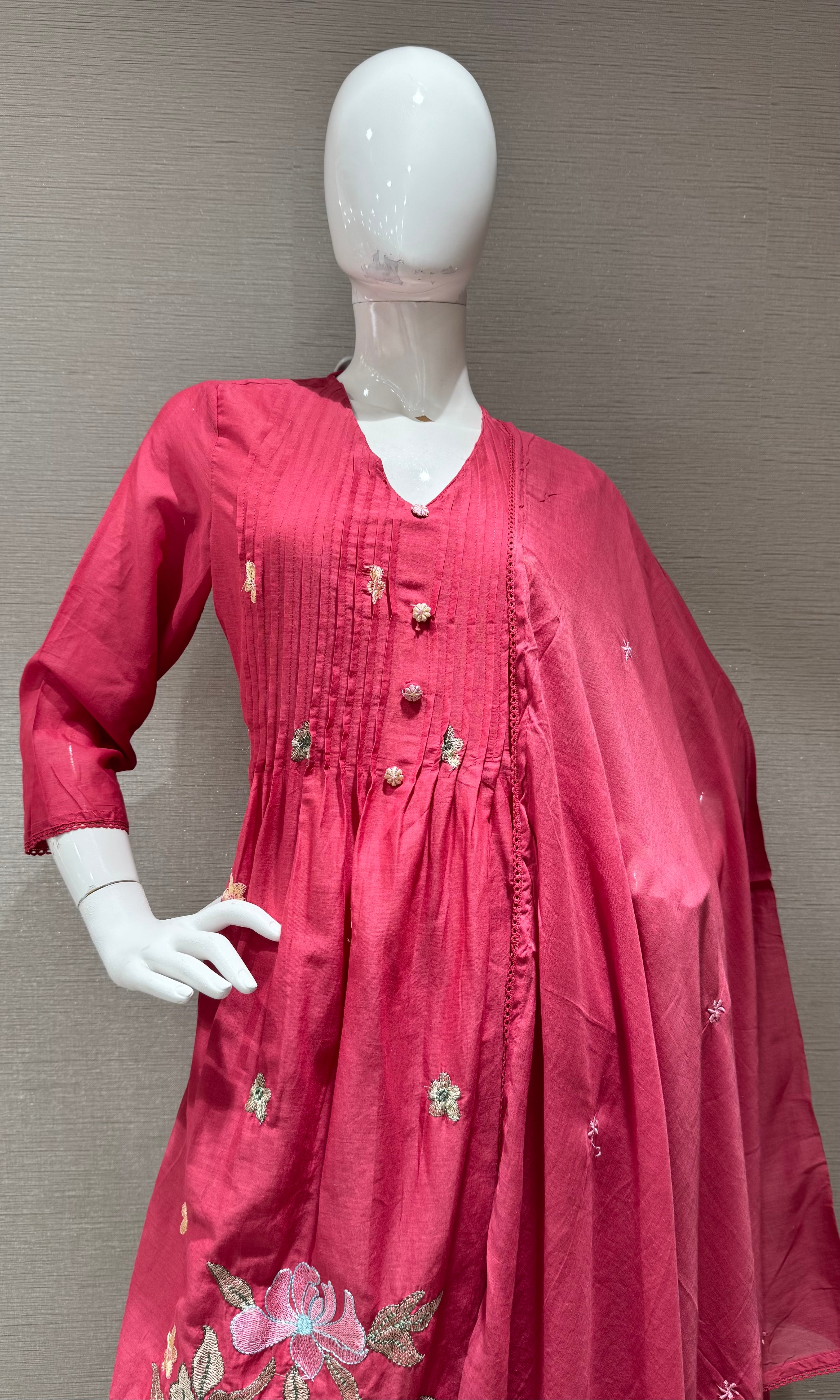 Pink Floral Silk Chanderi kurta Set