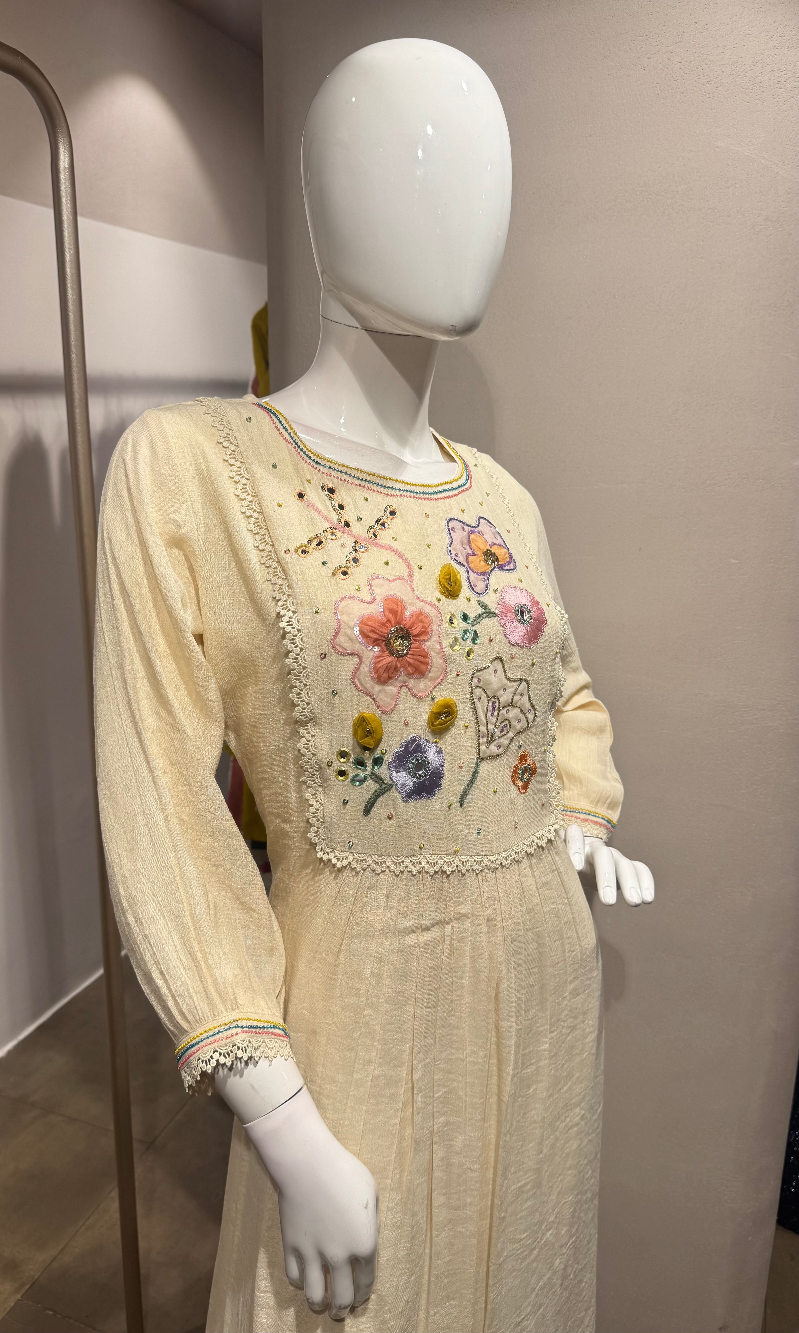 cream Floral Embroidered A-Line dress