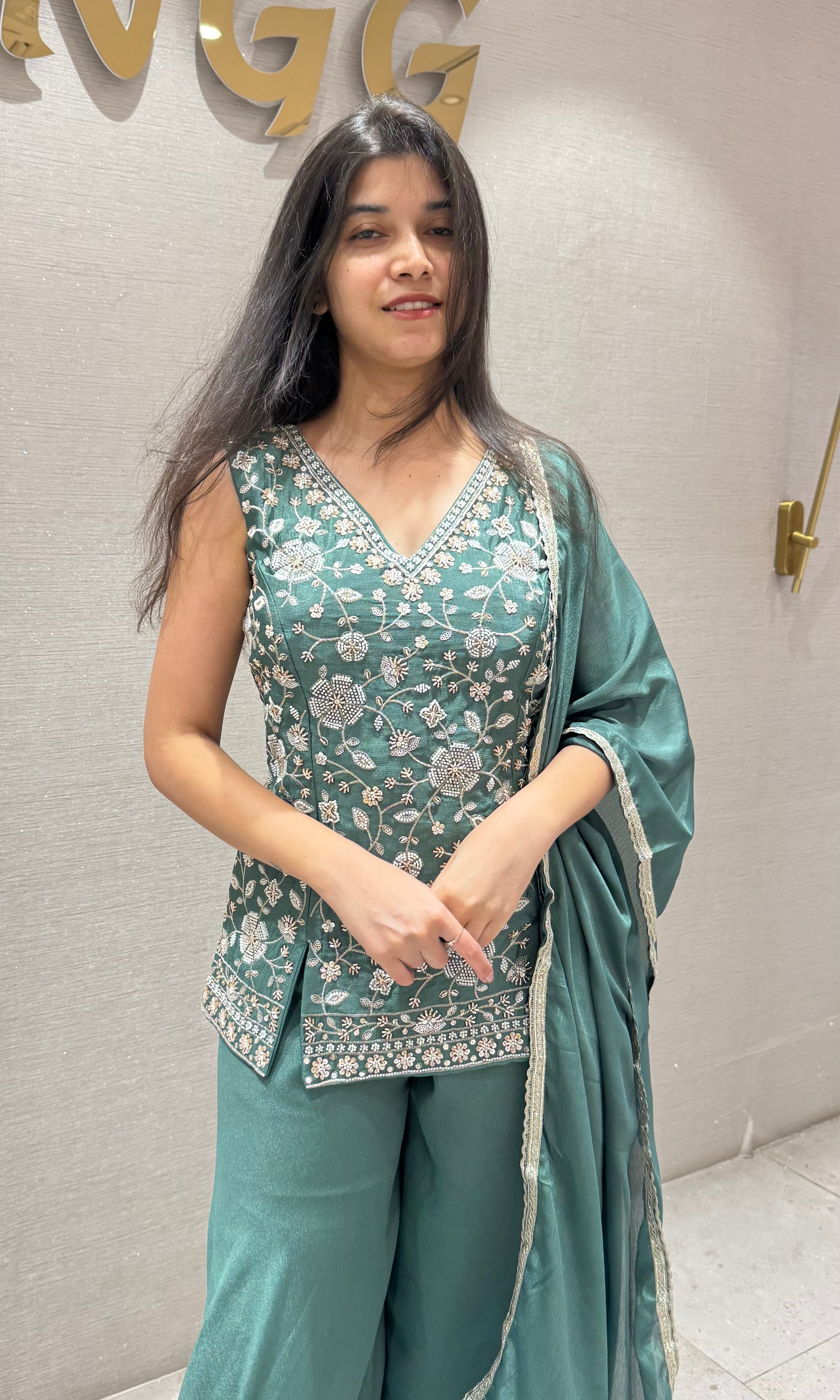 Green Peplum Sharara Set with Floral Embroidery