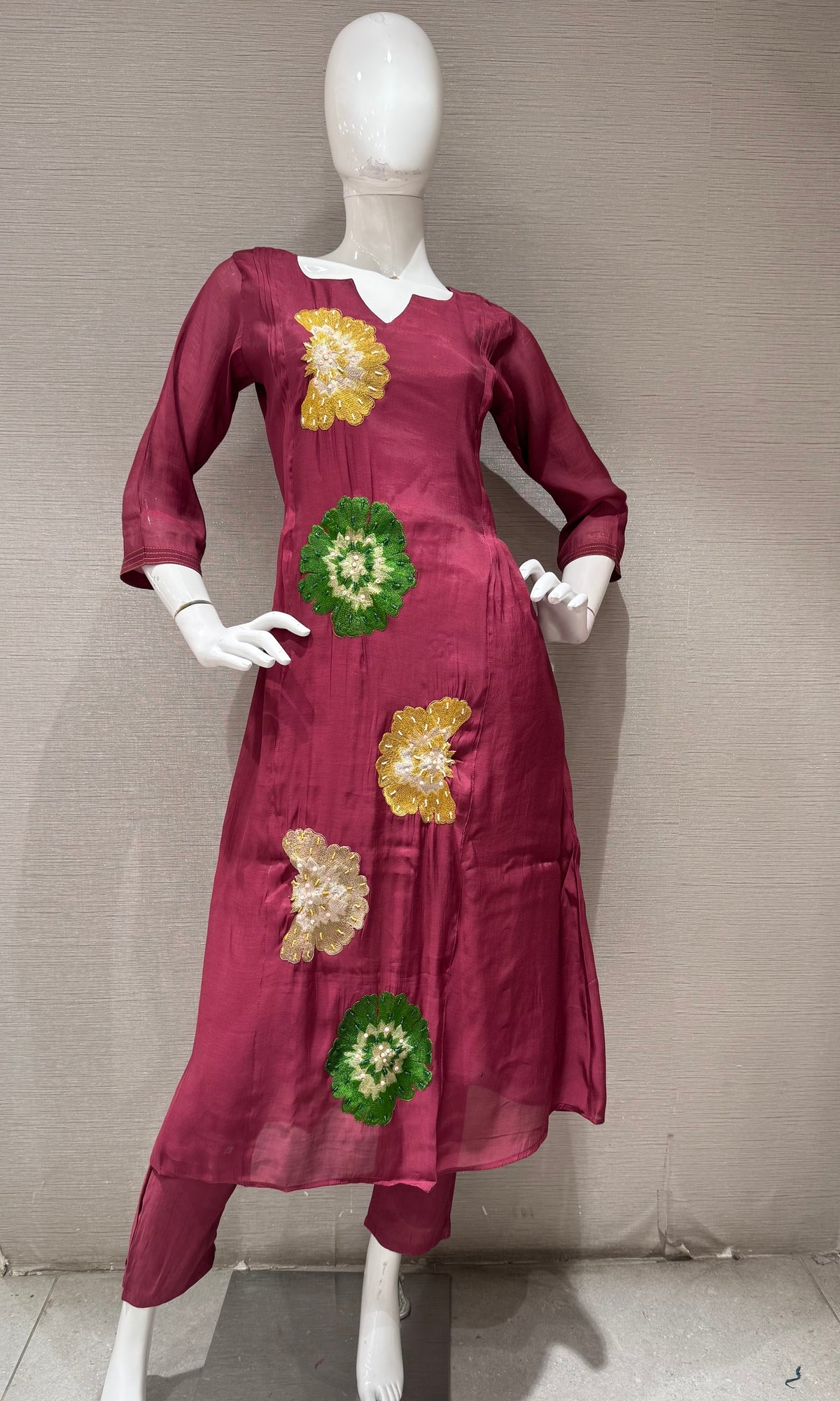 Wine cotton silk Floral Motif Kurta set with dupatta