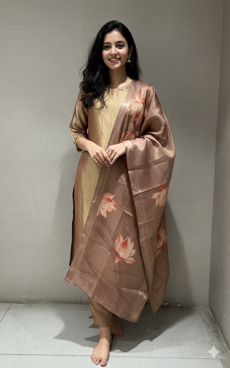 LIGHT BROWN KURTA SET WITH LOTUS PRINT DUPATTA