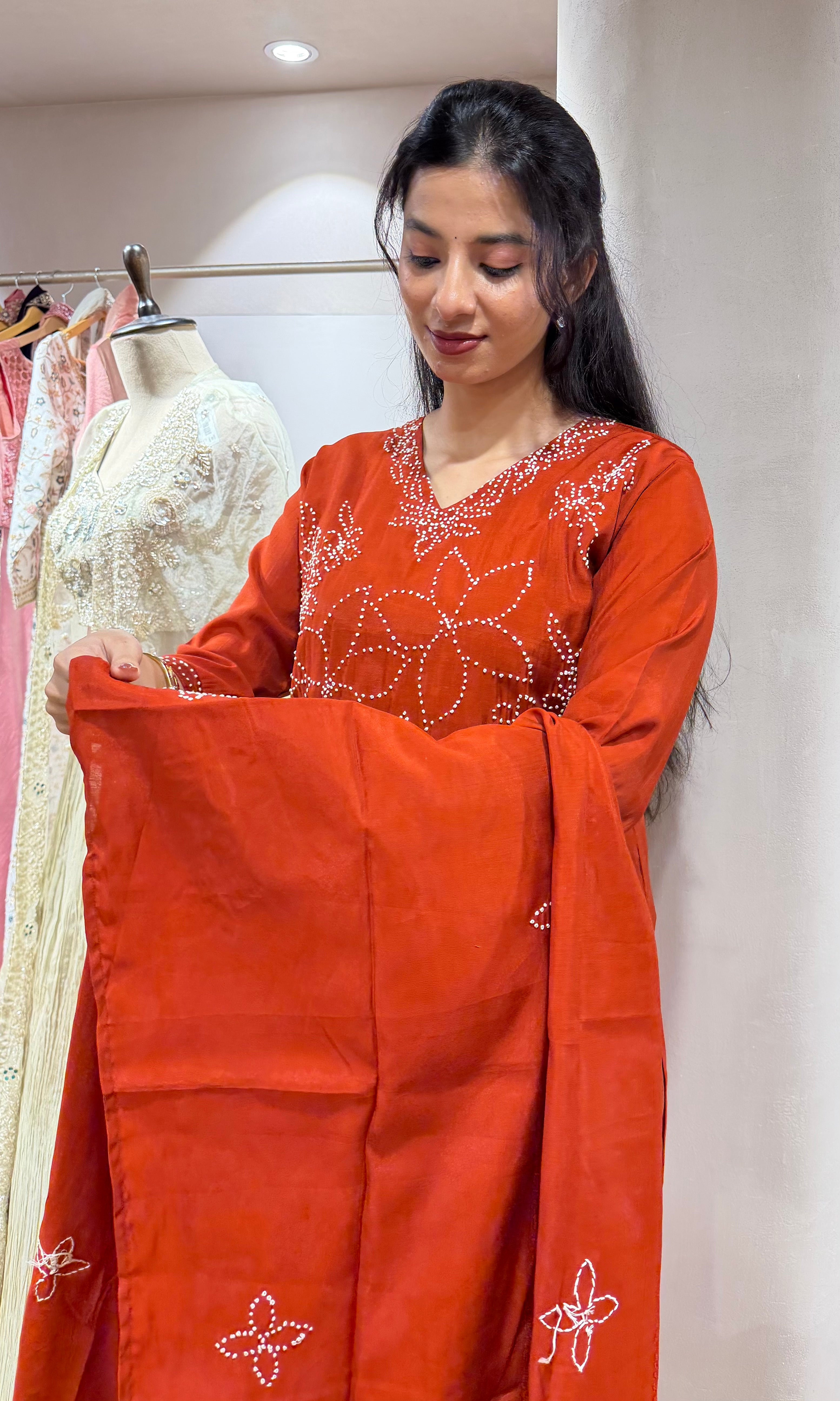 RUST FLORAL MUL CHANDERI KURTA SET