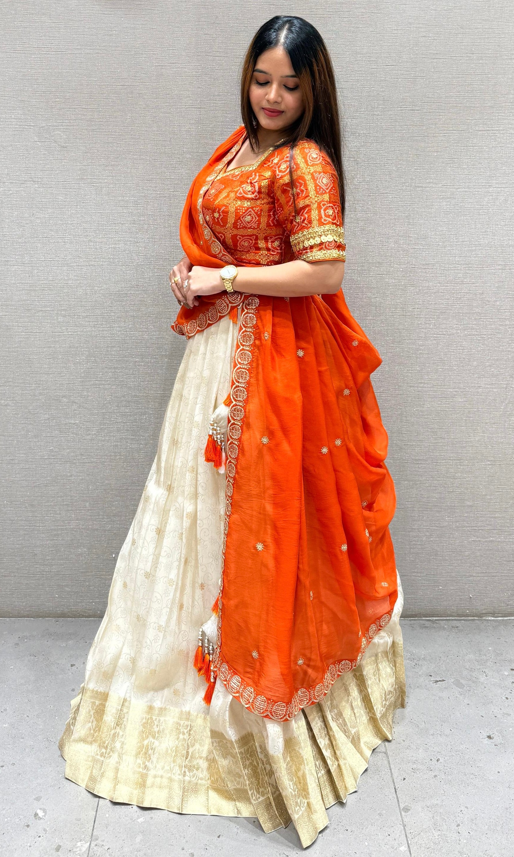 Orange and Gold Embroidered Lehenga