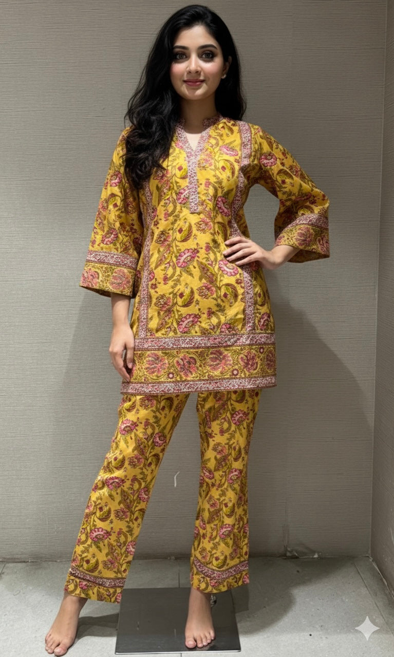 Yellow FLORAL PRINT KURTI WITH BOTTOM