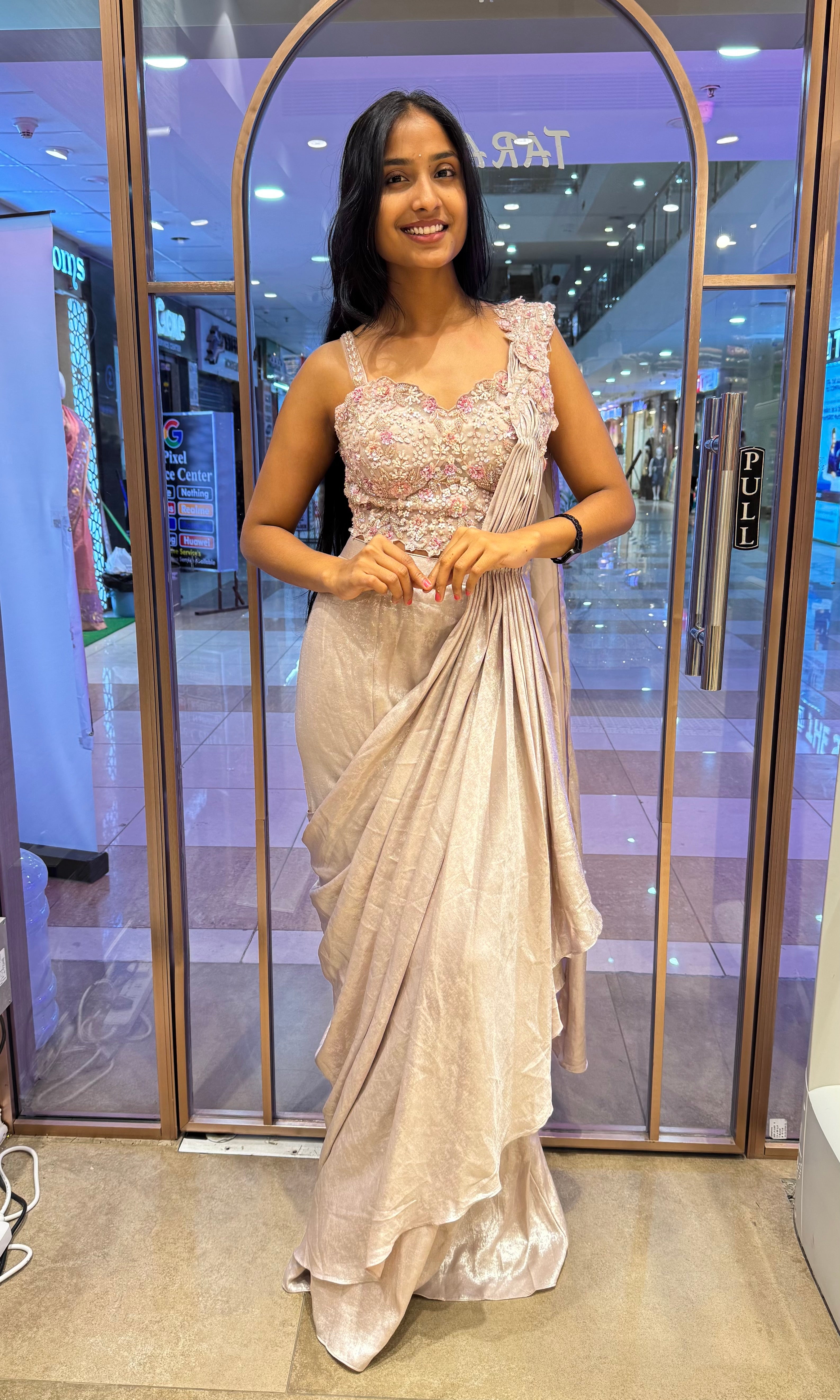 PINK AND BEAGH EMBELLISHED DRAPE SAREE