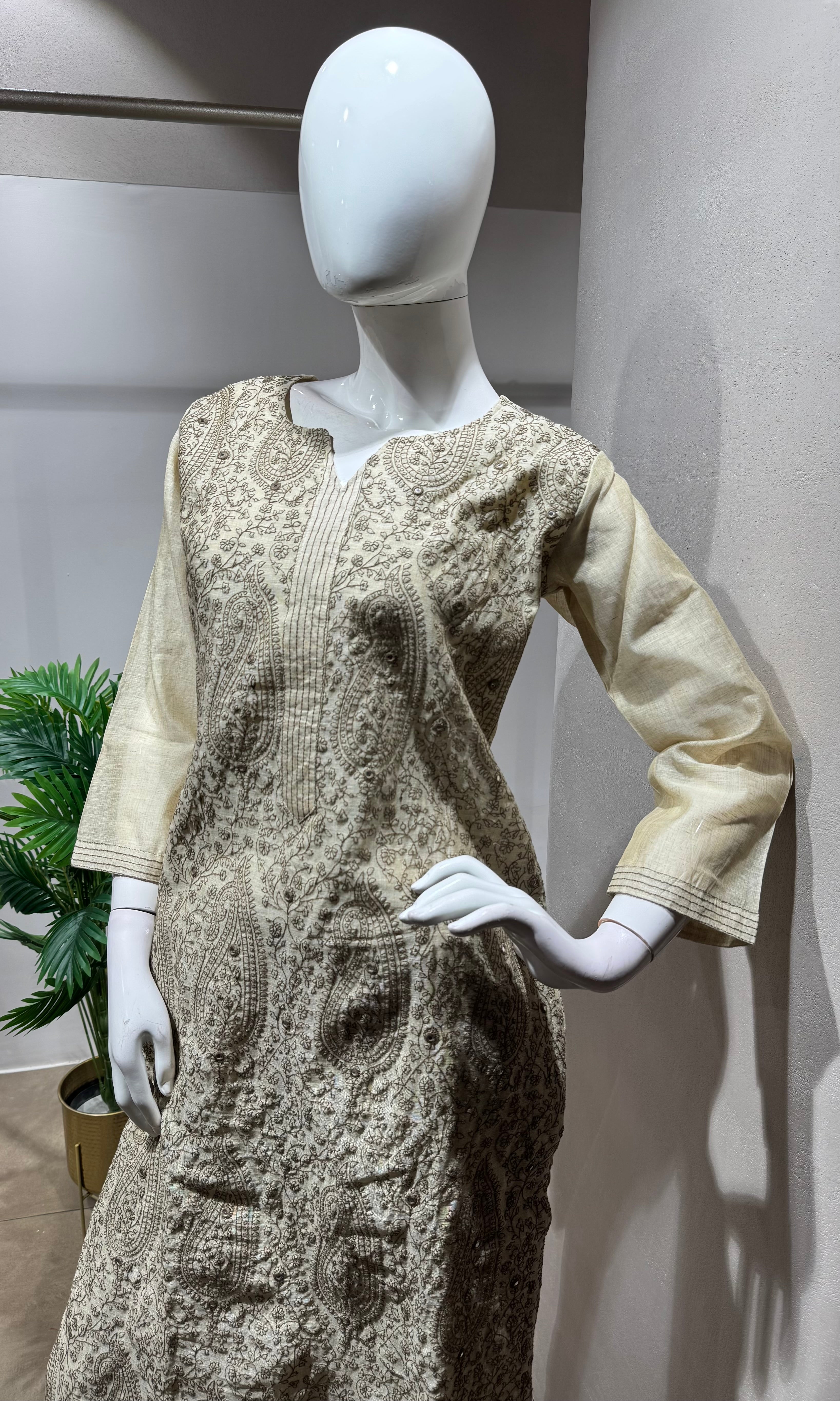 Beige Embroidered Kurta Set with Contrasting Dupatta