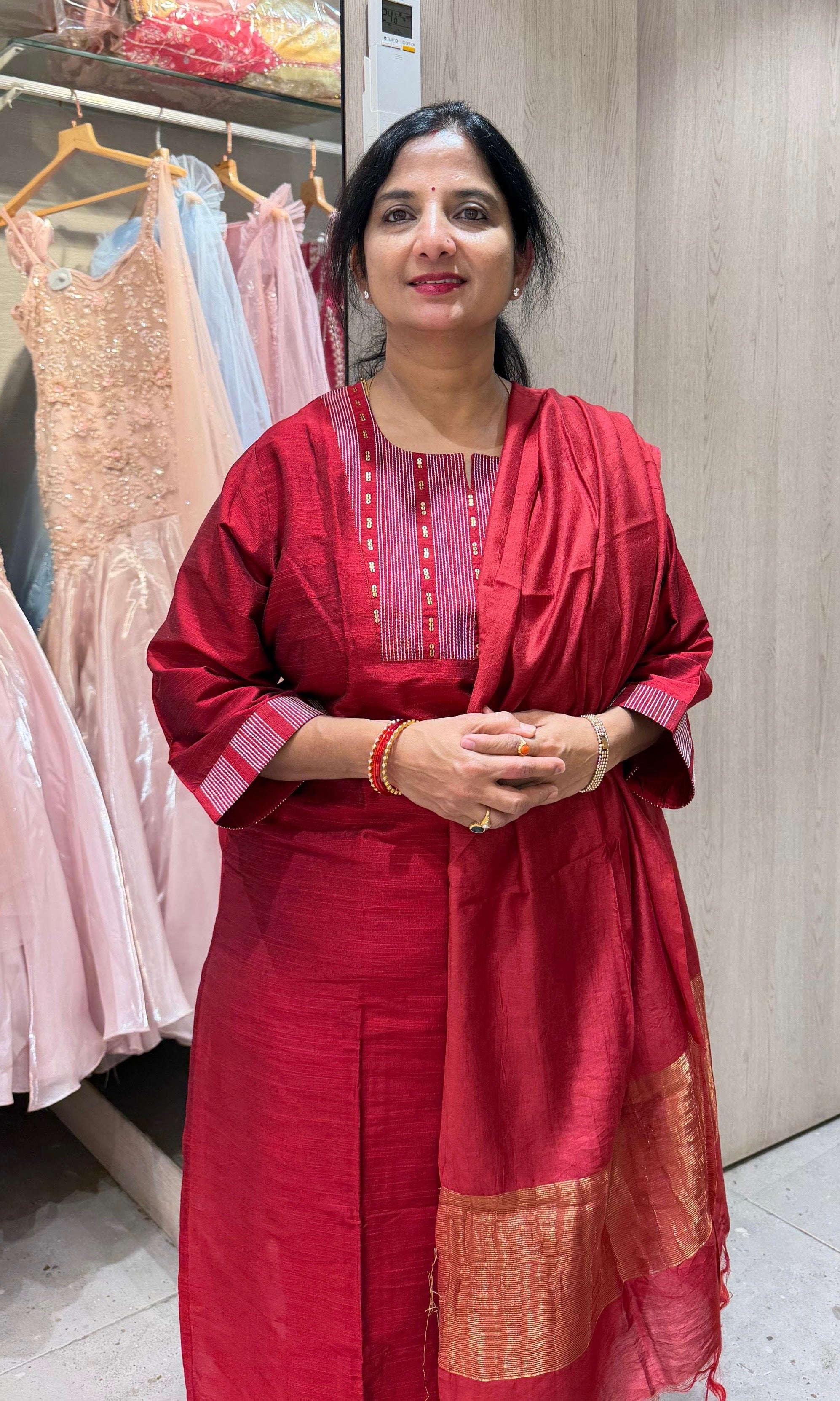 Maroon Silk Straight Kurta Set with Dupatta