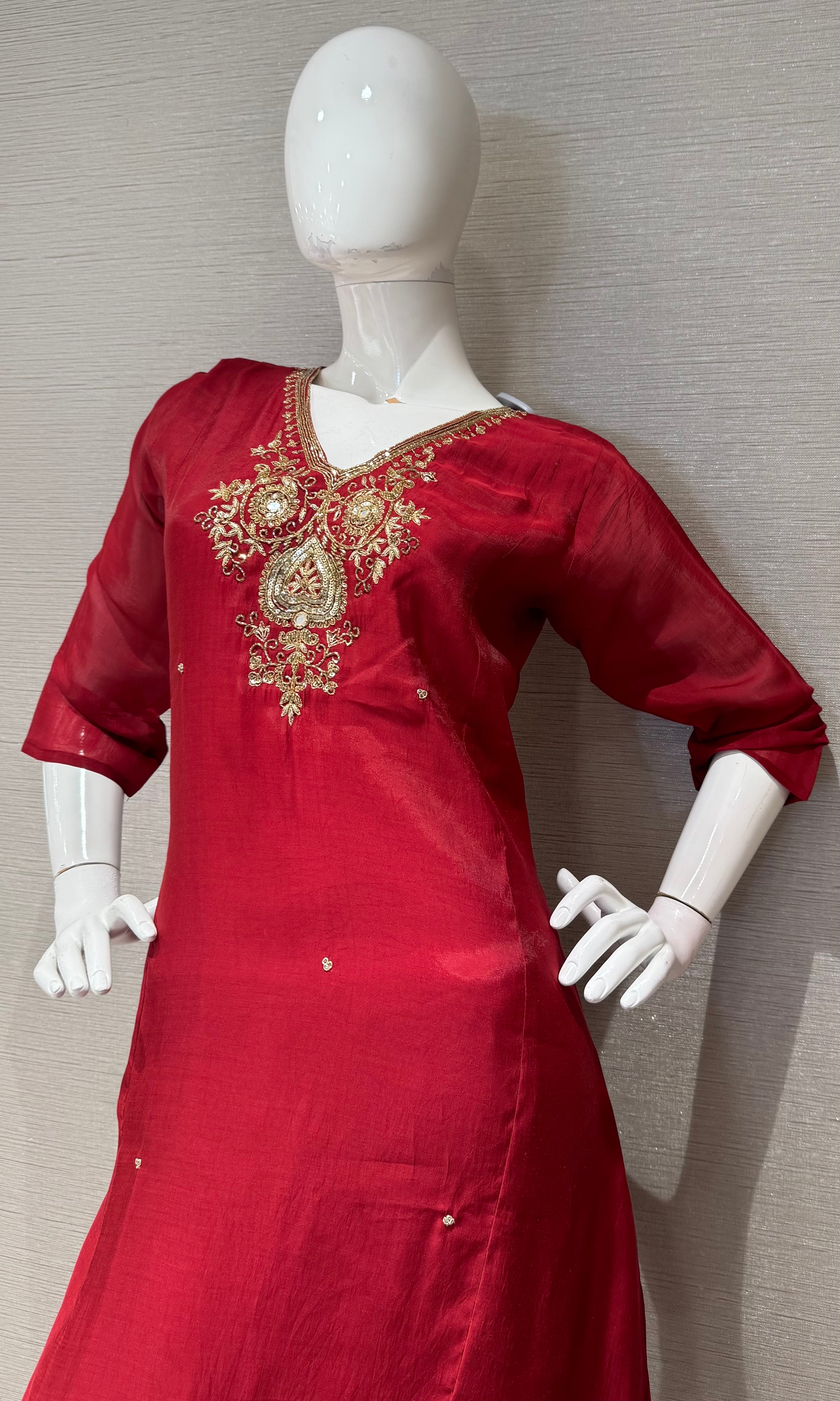 Maroon embroidered Silk Kurta Set with Sheer Dupatta