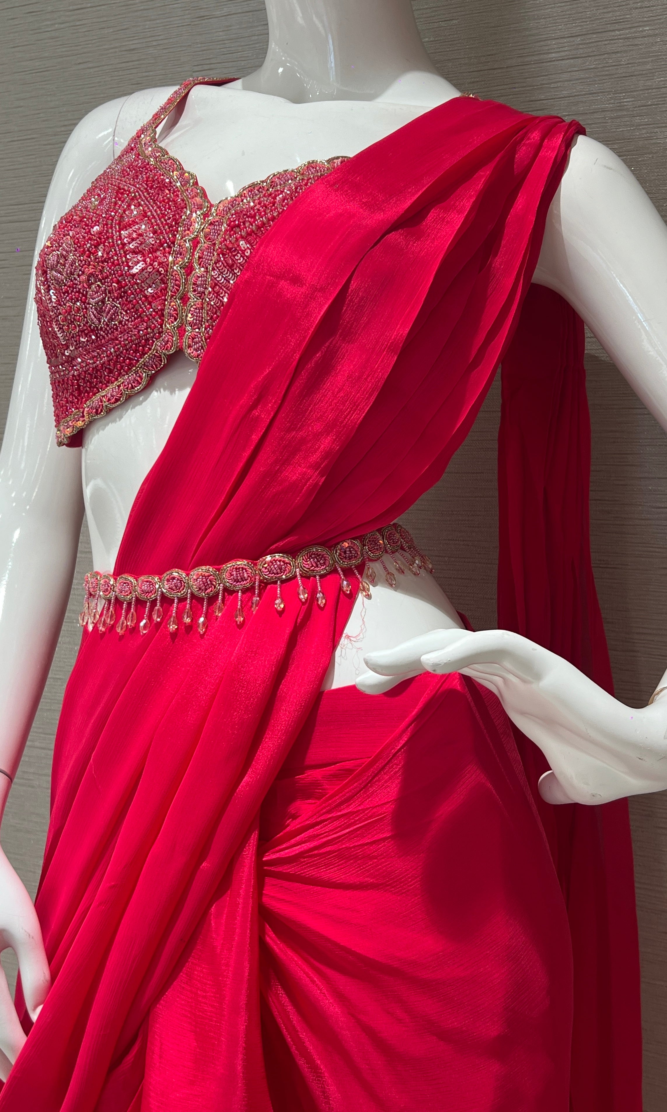 Rani Pink Ruffle drape saree with embroidered blouse