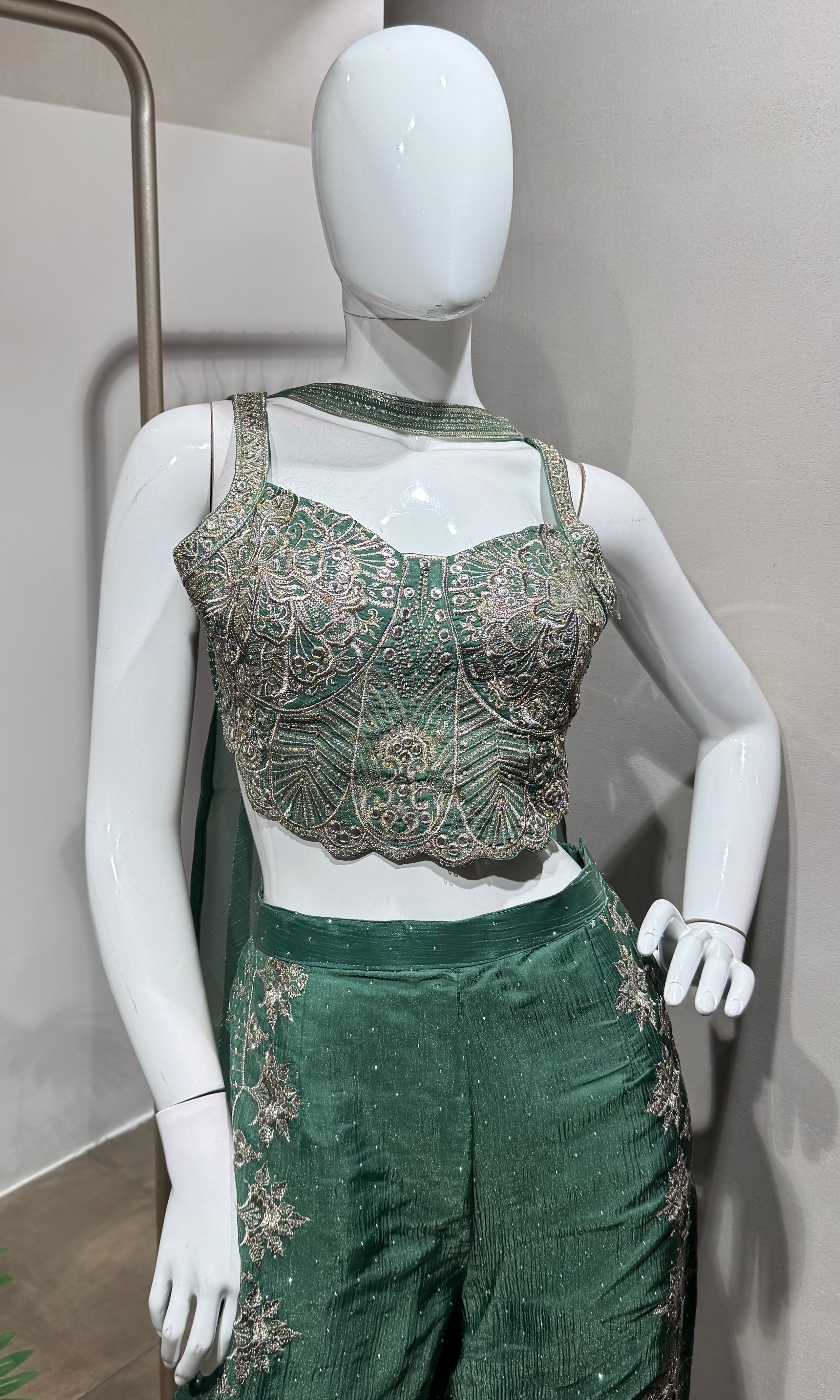 green sequins crop top and palazzo set