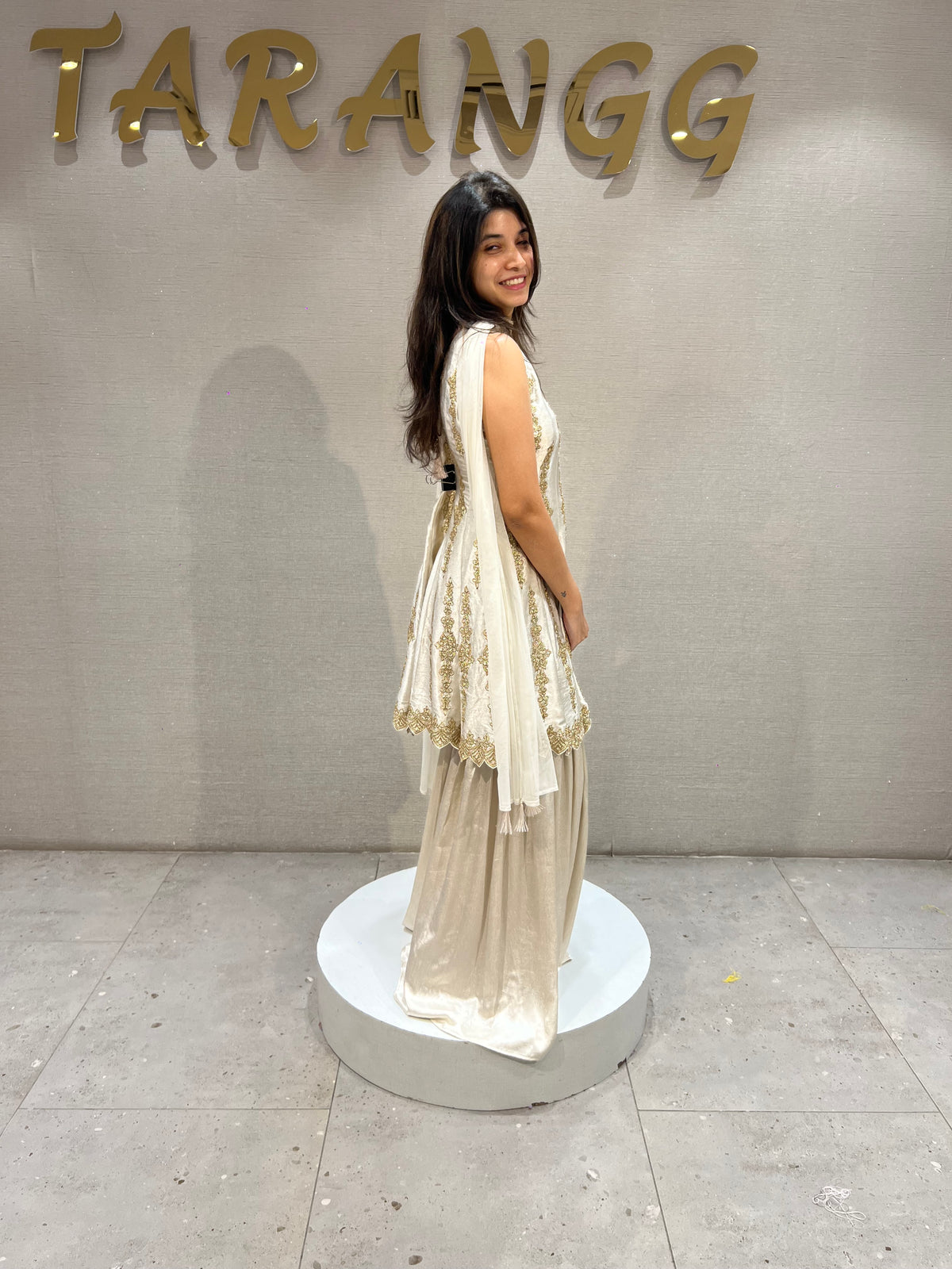 Cream and Gold Satin Embroidered Palazzo Set