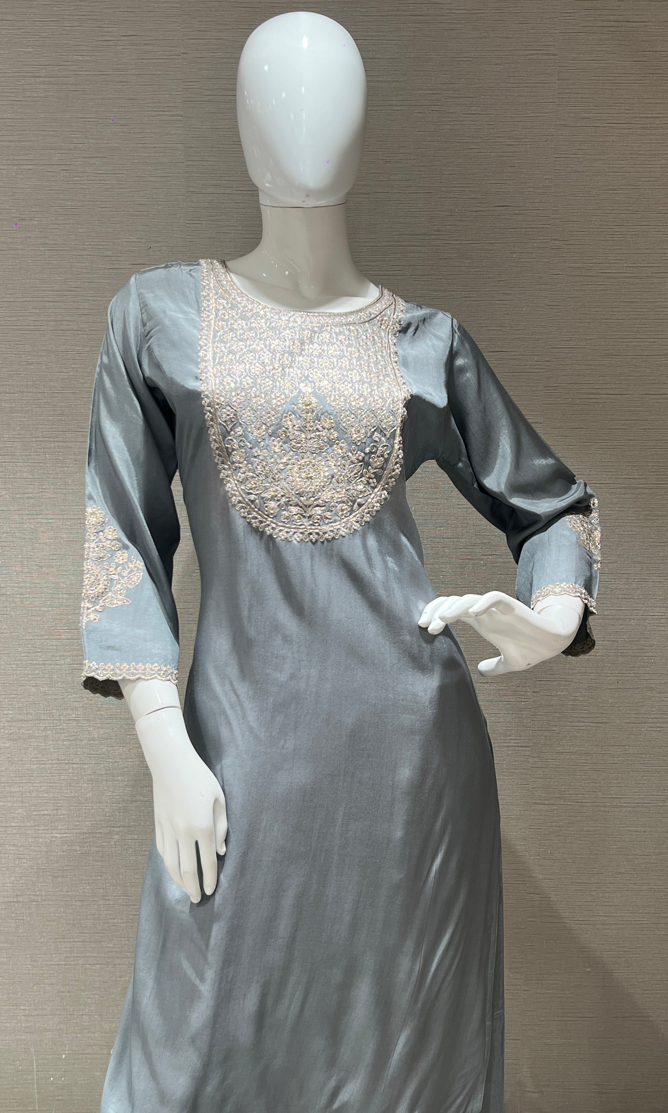 Grey Embroidered Kurta Set with Red Dupatta