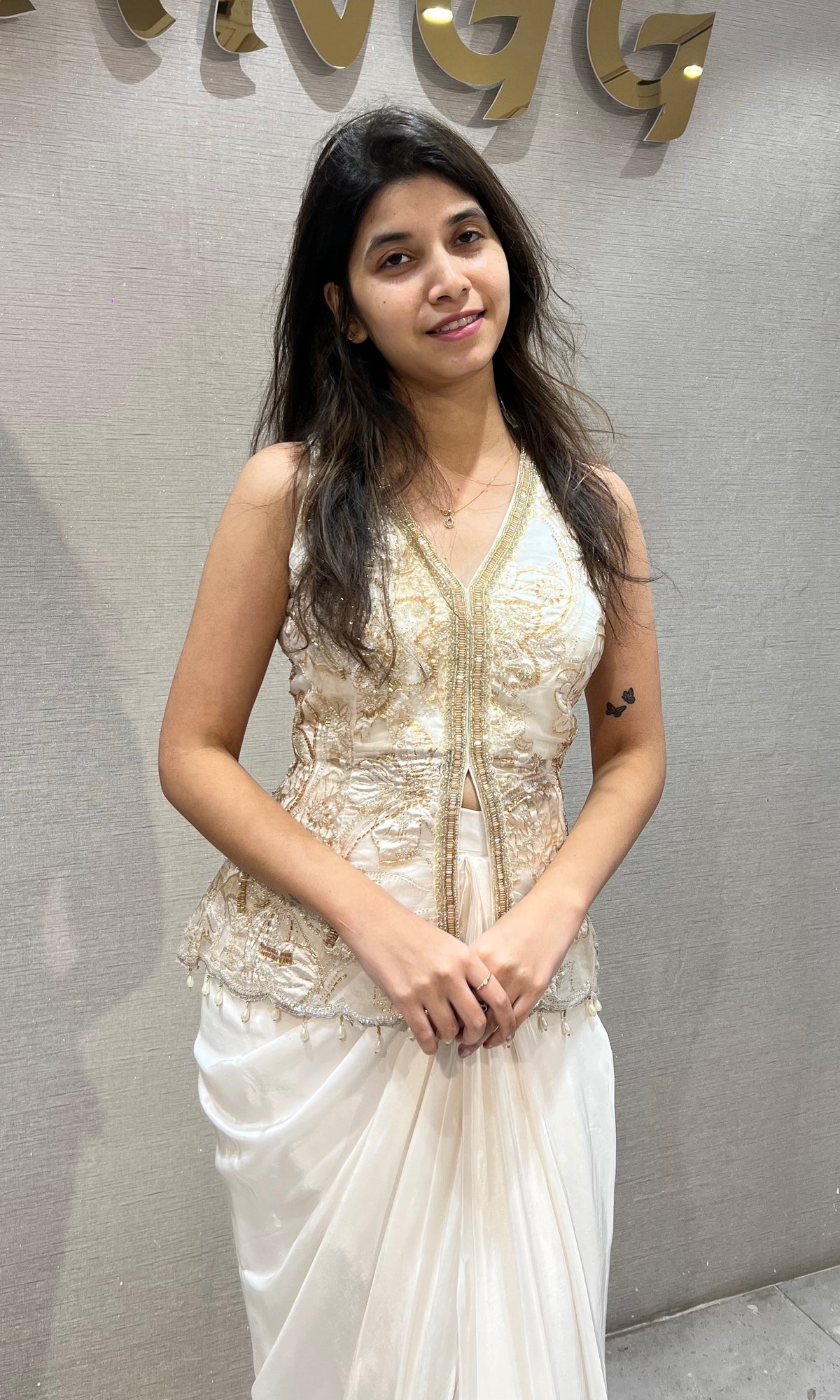 White Georgette Gold Embroidered Jacket with Draped Skirt