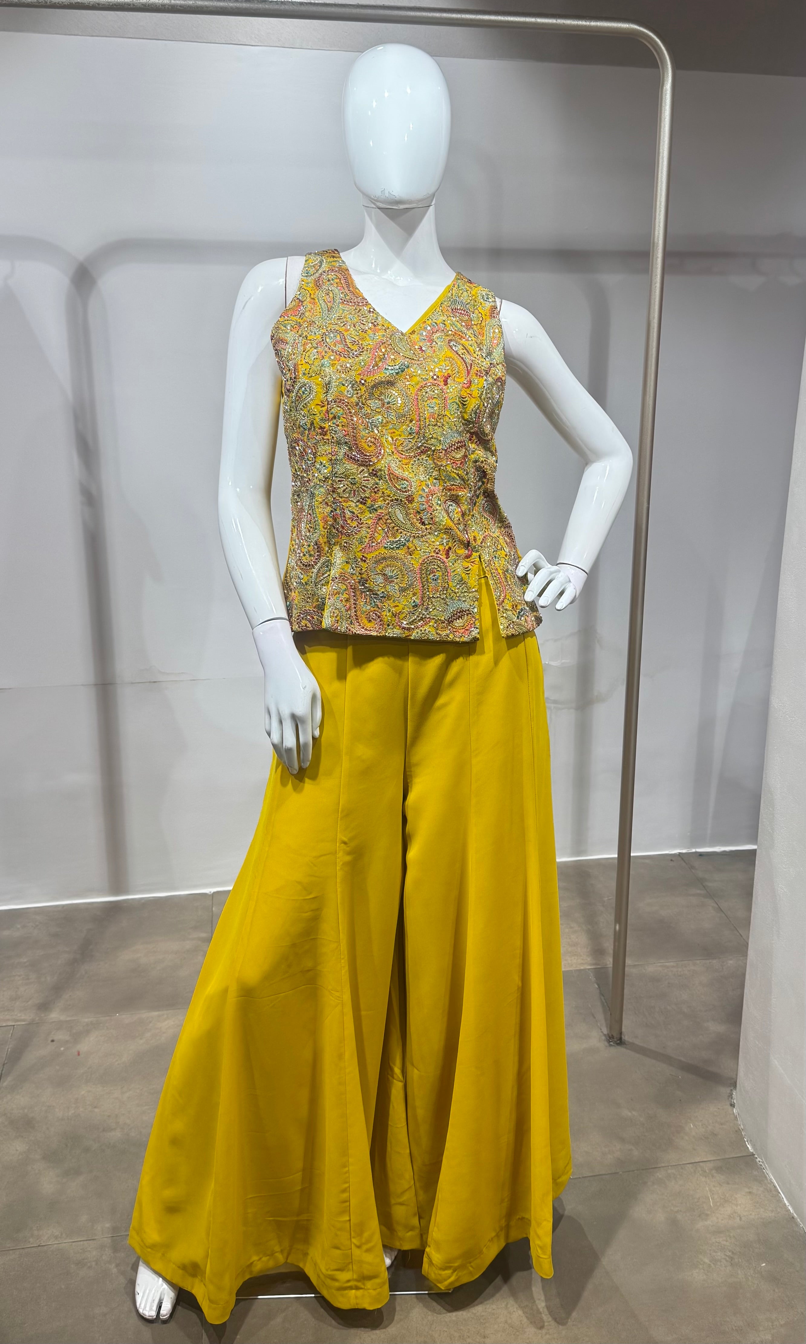 Yellow Embroidered Peplum Palazzo Set
