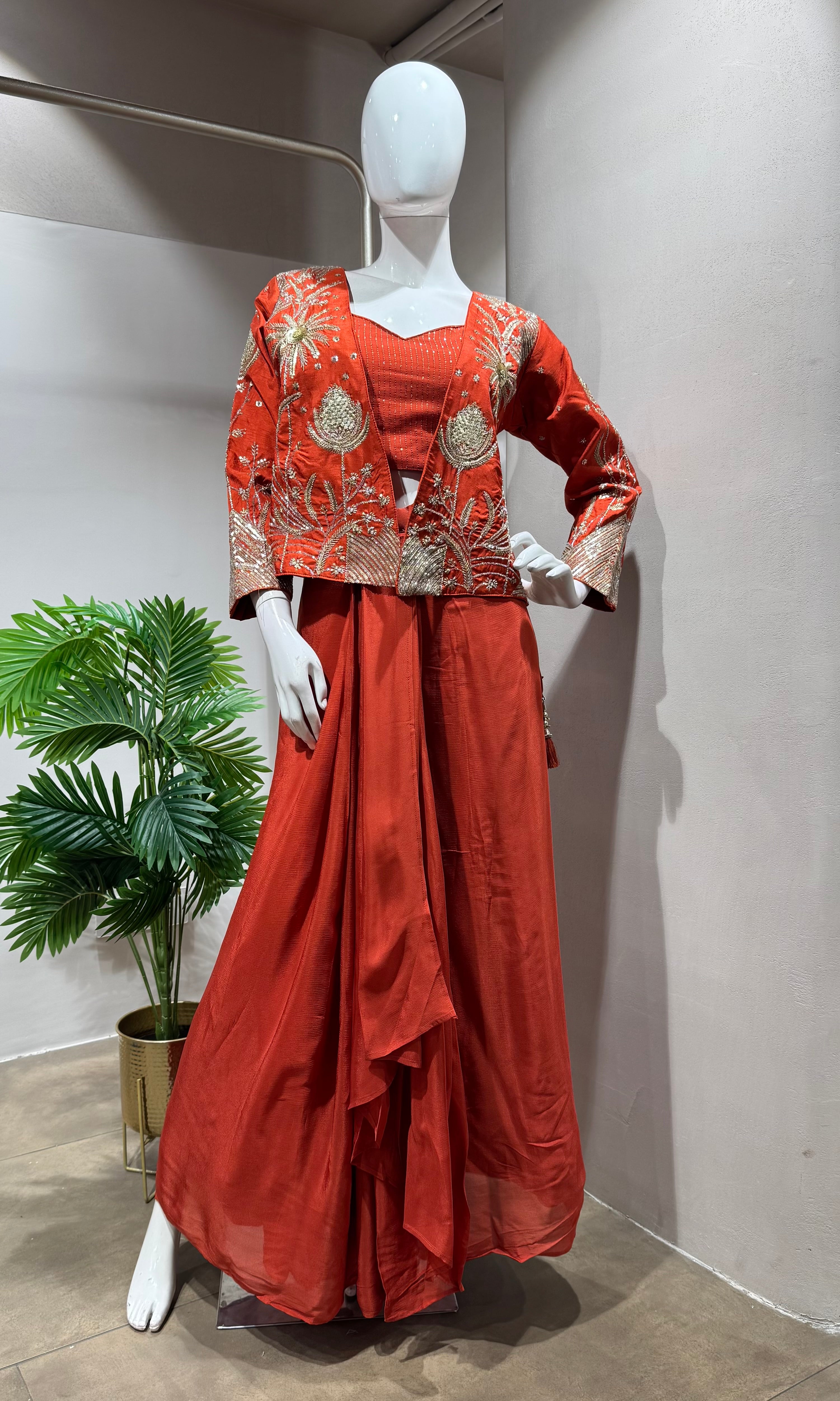 RUST WITH CROP TOP PALAZZO SET WITH JACKET