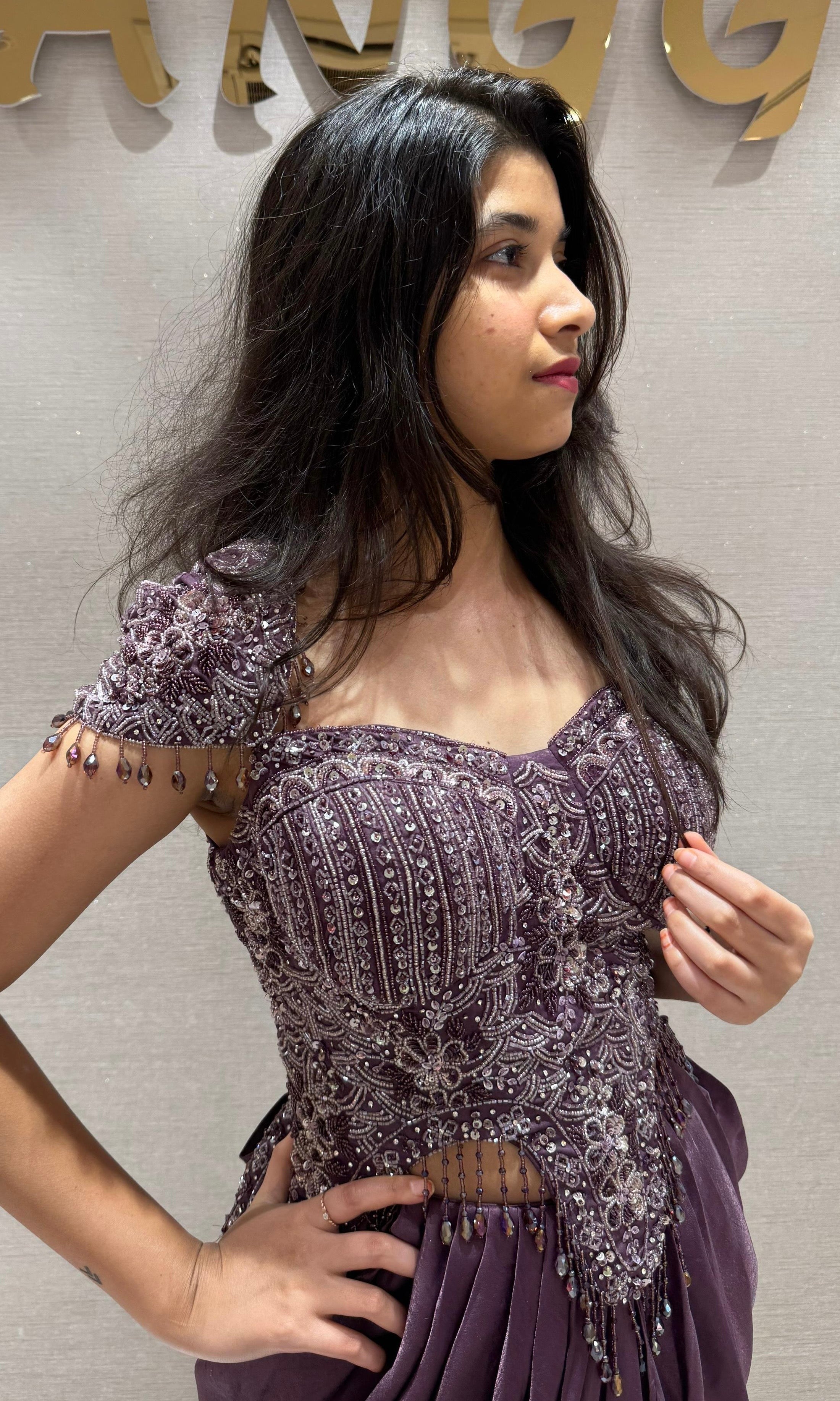 Wine corset blouse with drape skirt Indo western dress