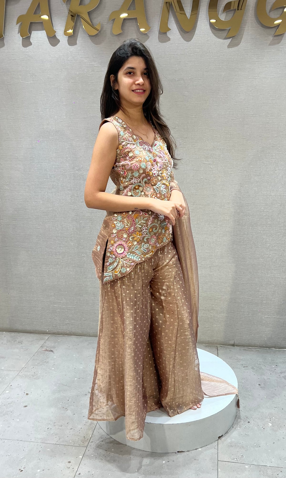 Peach Shimmer Embellished Floral Palazzo set with dupatta