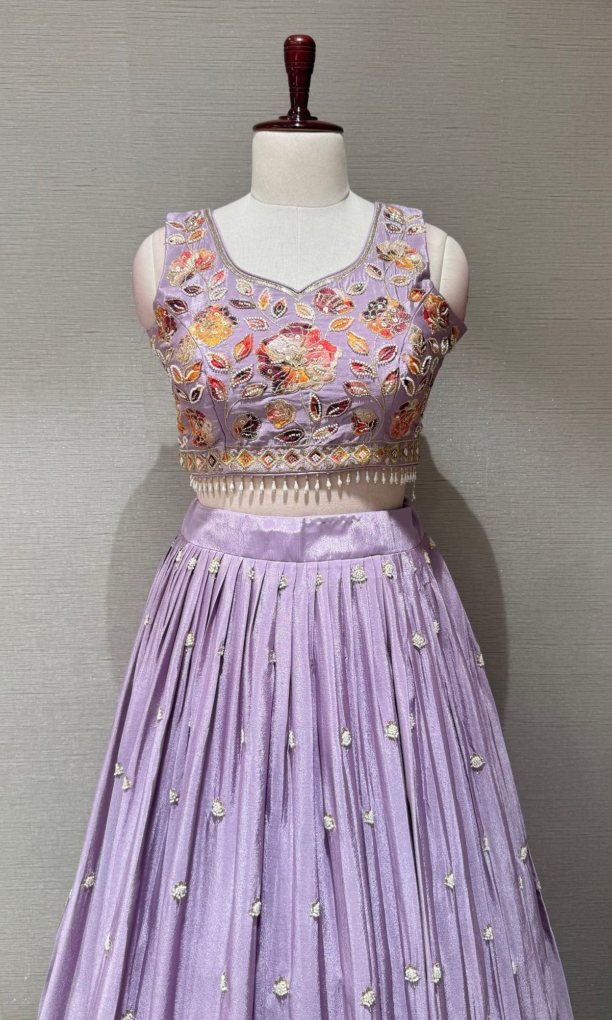 Lilac Tissue silk Multi Floral Crop Top Lehenga set
