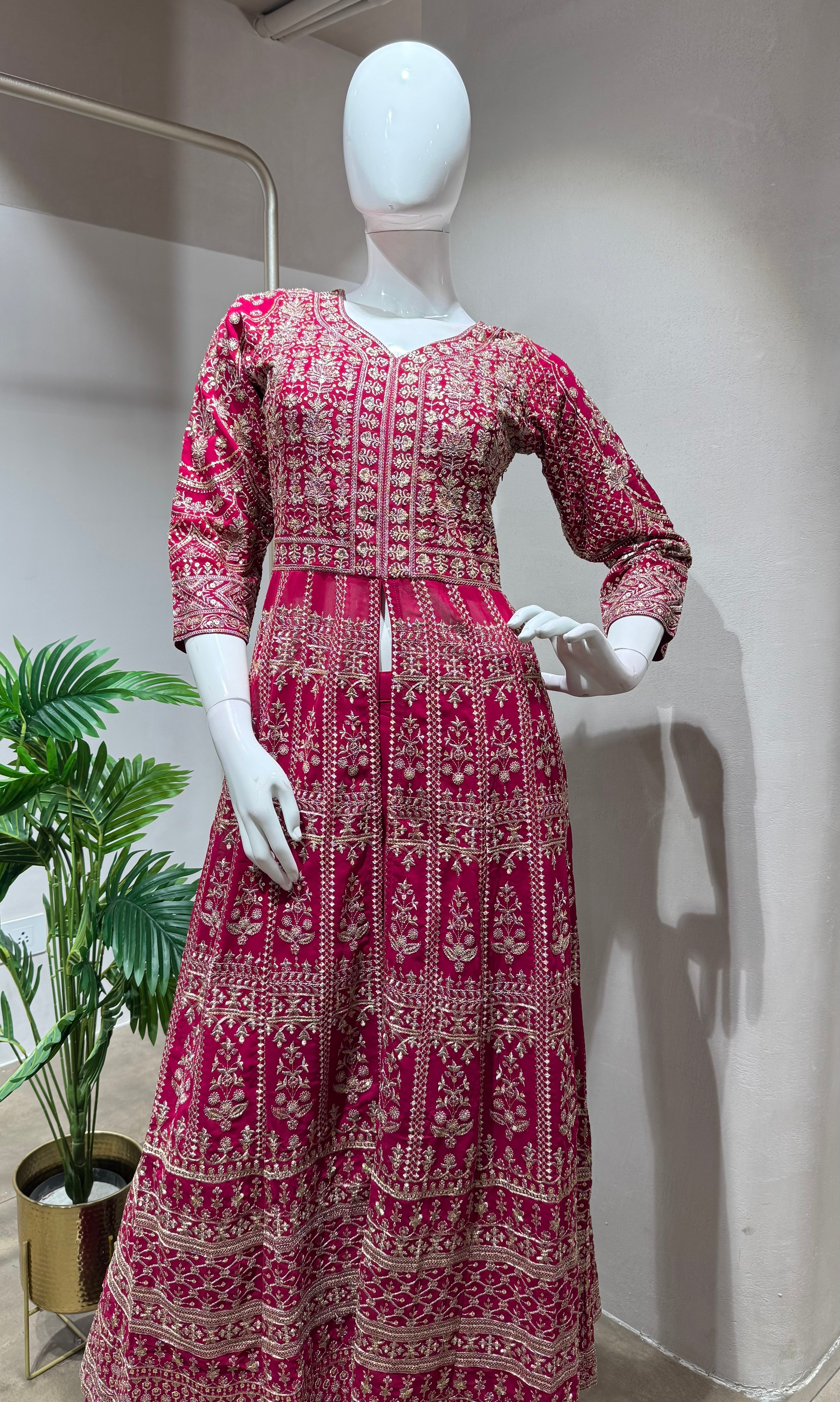 RANI PINK Embroidered front Slit anarkali set