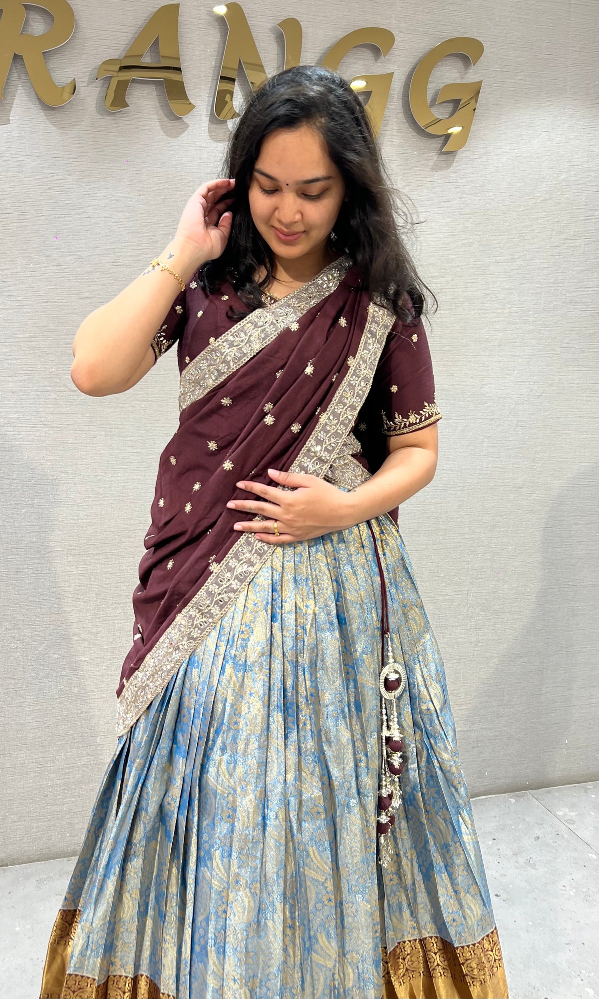 Brown BLUE BANARASI PATTU LEHENGA WITH EMBROIDERED BLOUSE
