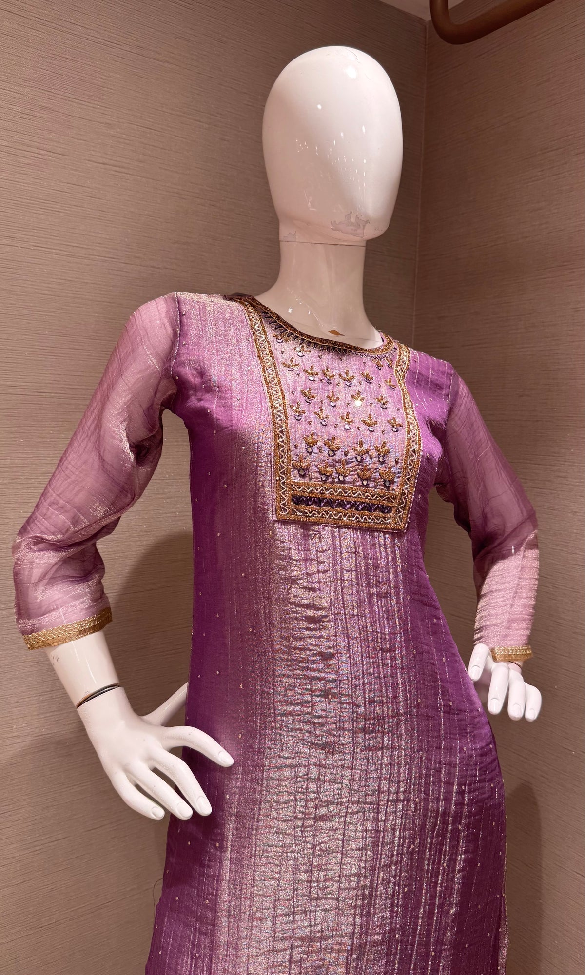 Lavender Tissue silk Salwar Kurta set with Gold Embroidery