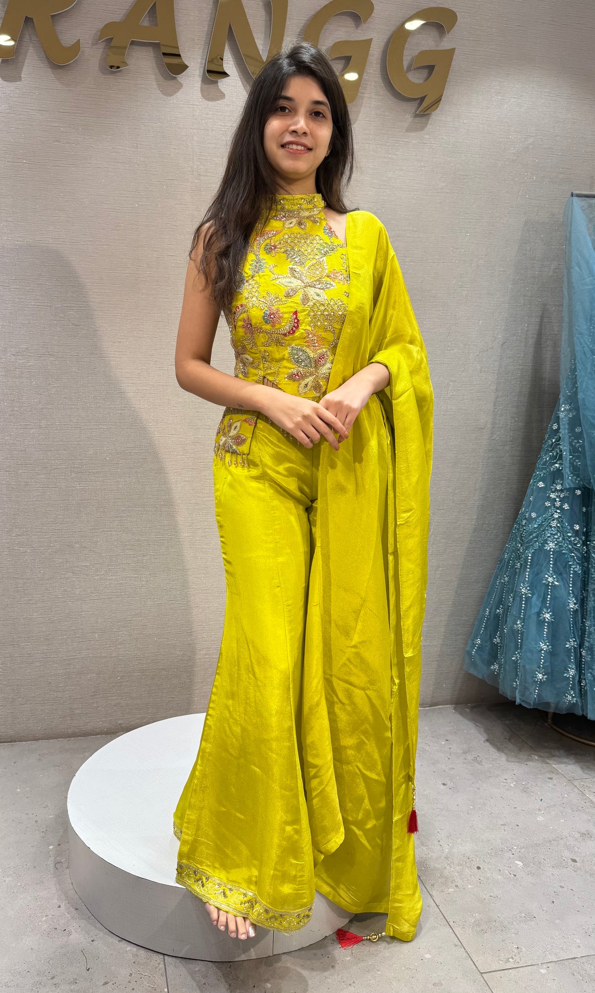 liril yellow silk embroidered halter top palazzo set with dupatta