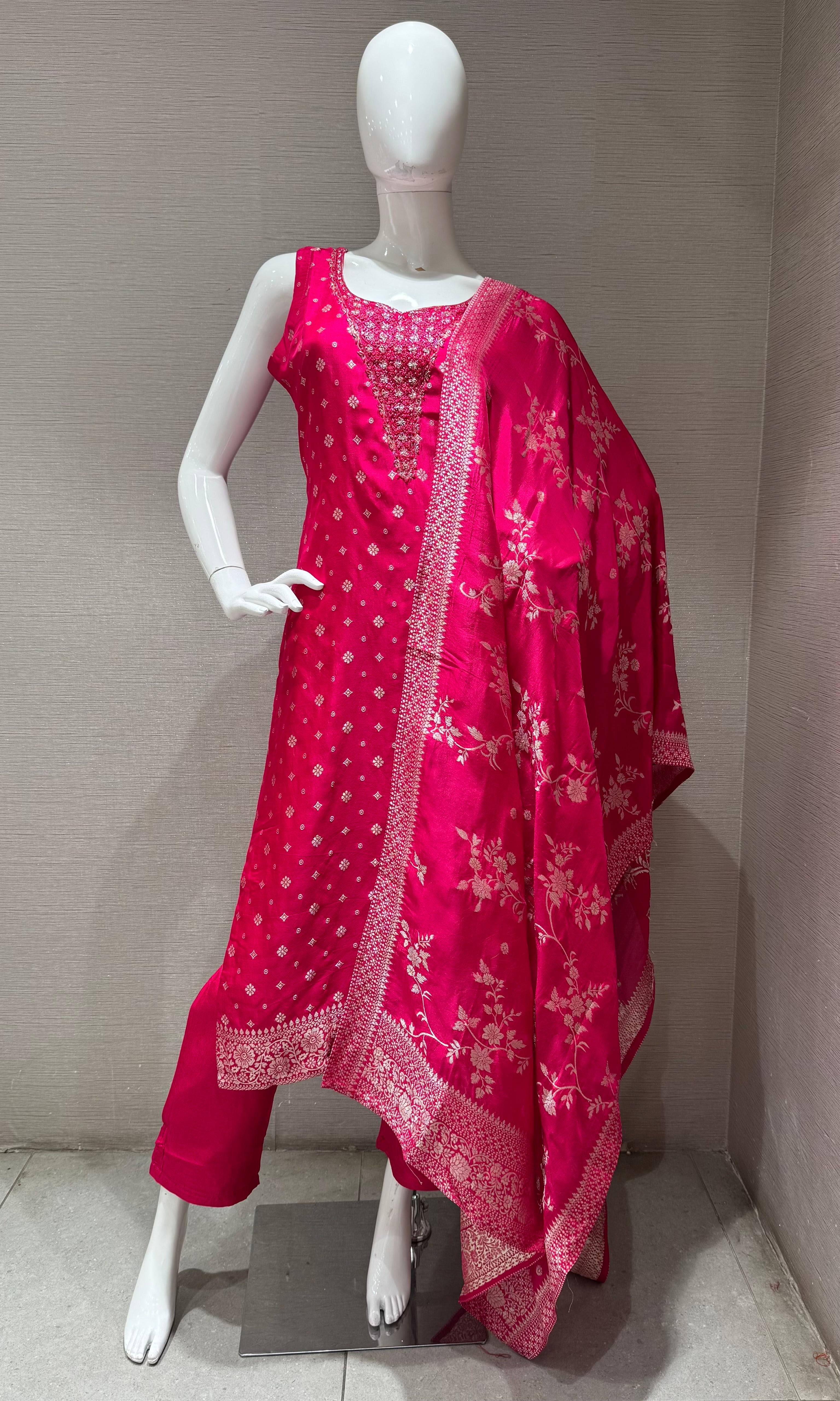 Pink Bandhani Print Kurta set with Floral Dupatta