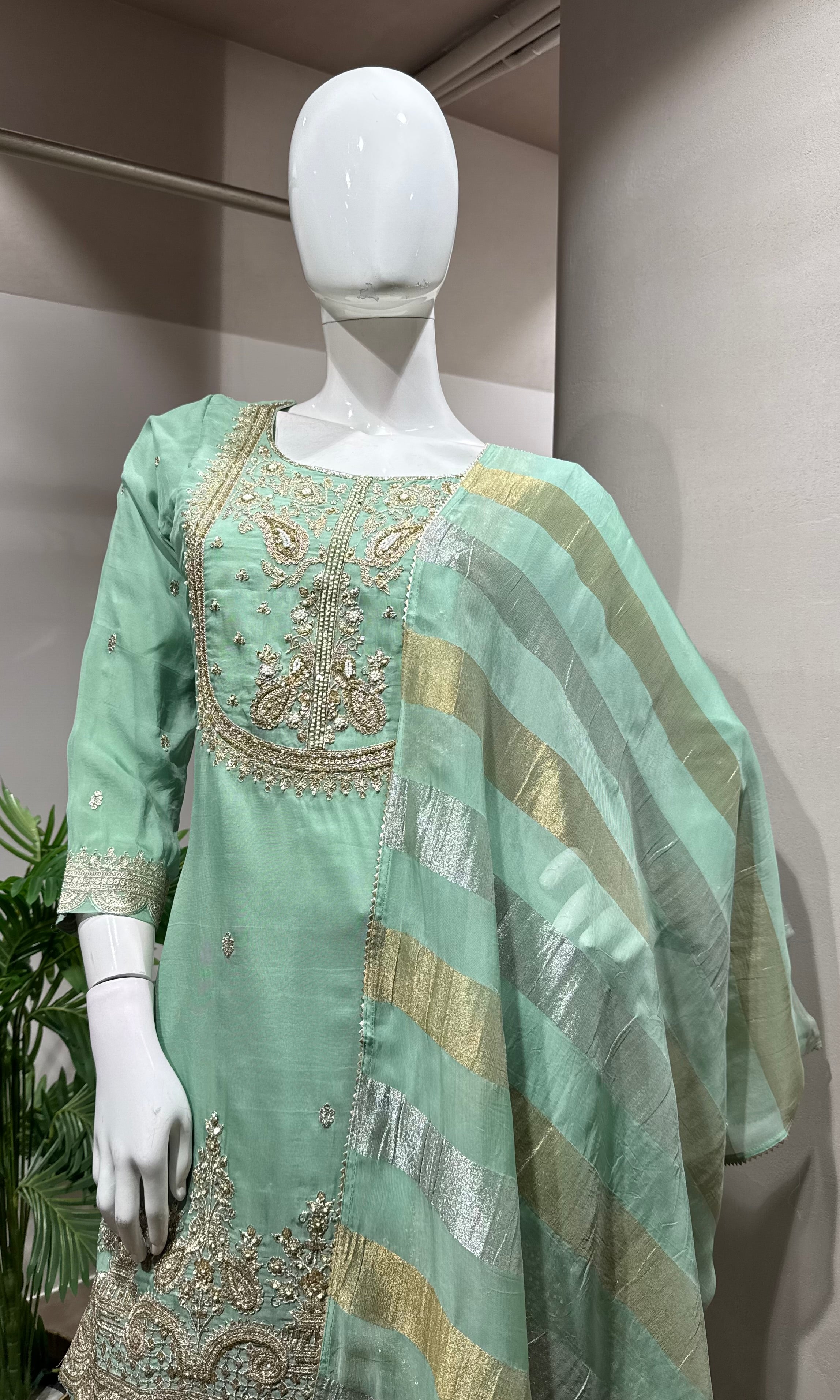 green silk embroidered sharara set