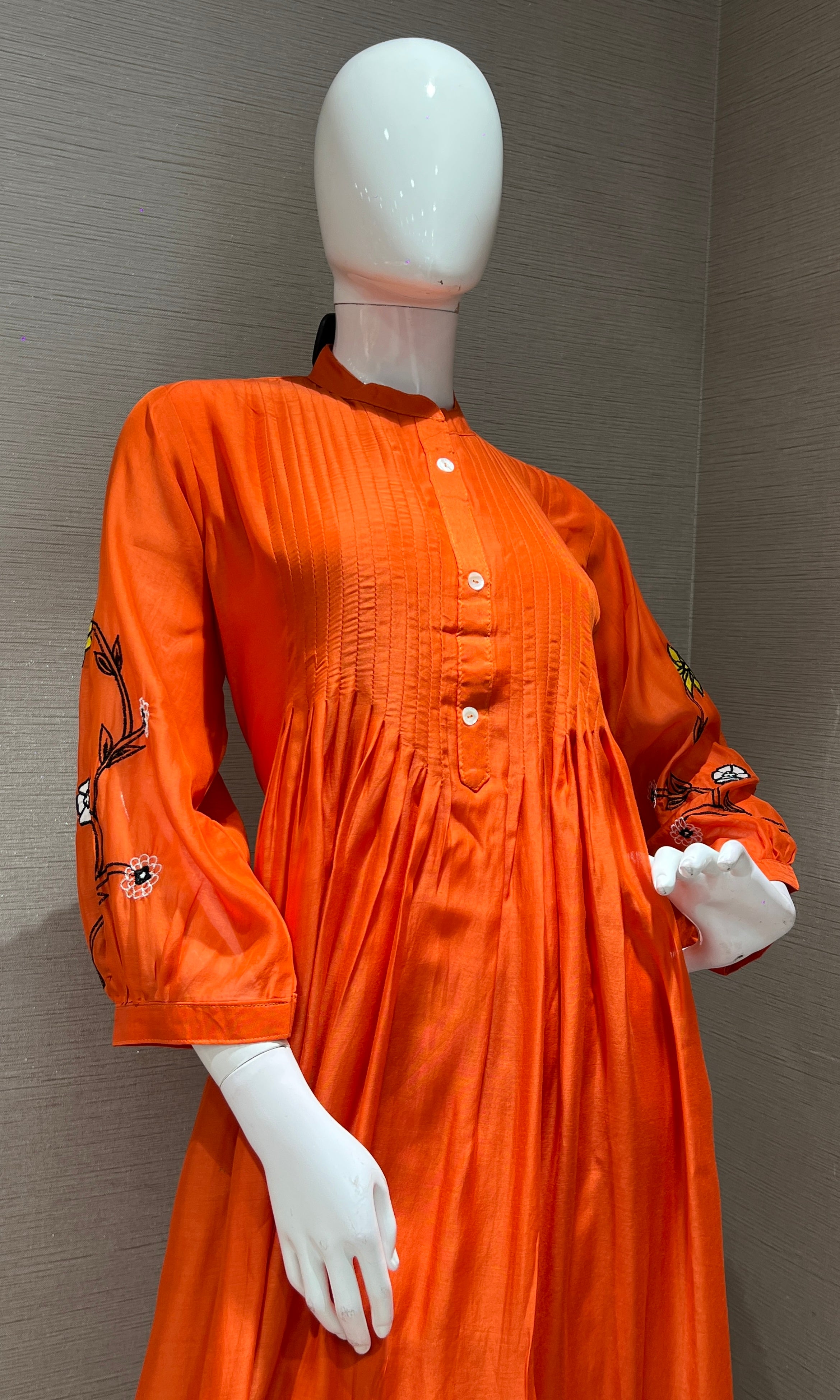 Orange floral embroidery mul chanderi kurta set
