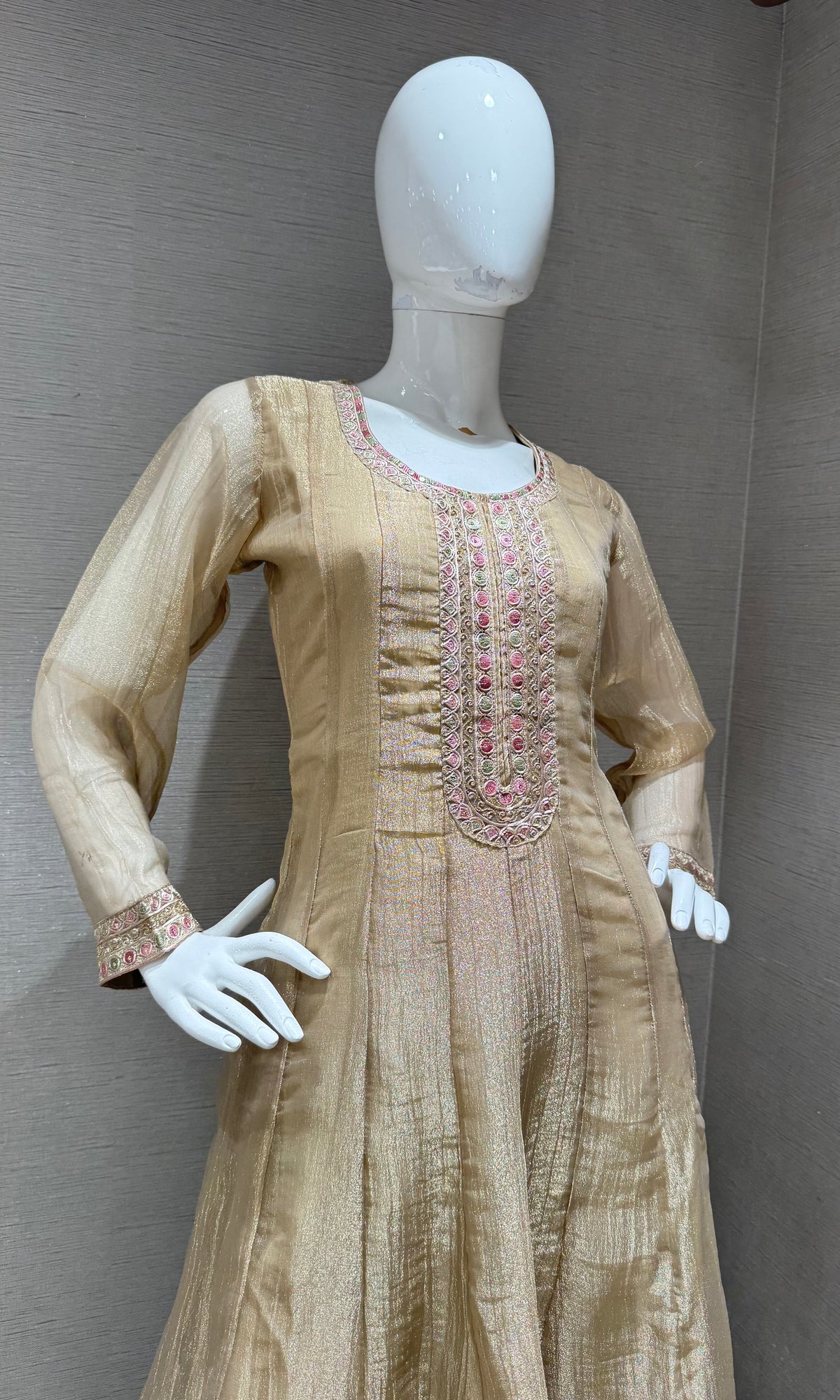 BEIGE EMBROIDERED TISSUE ANARKALI SET WITH FLORAL DUPATTA