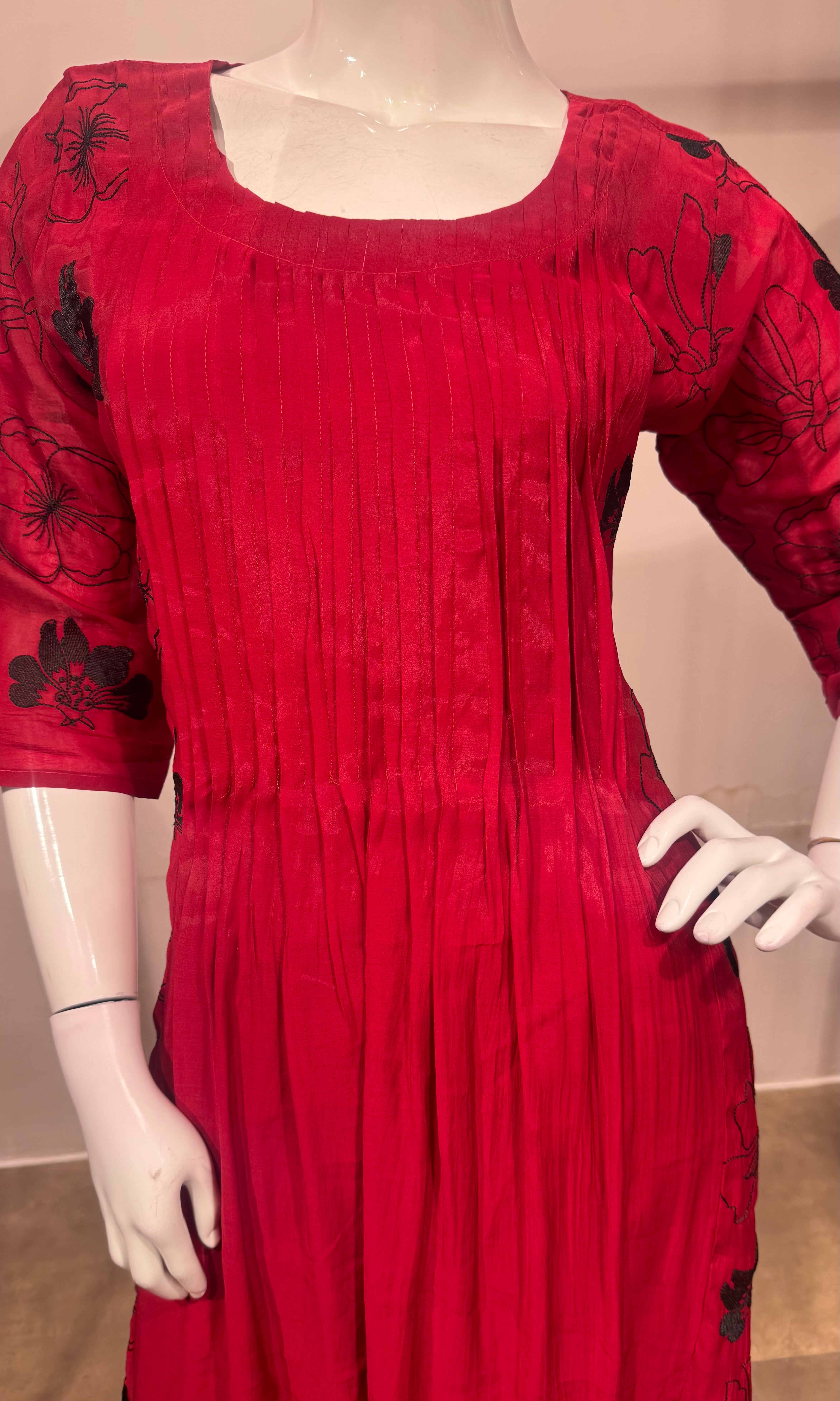 Rani Floral Mul chanderi Kurta Set with Dupatta