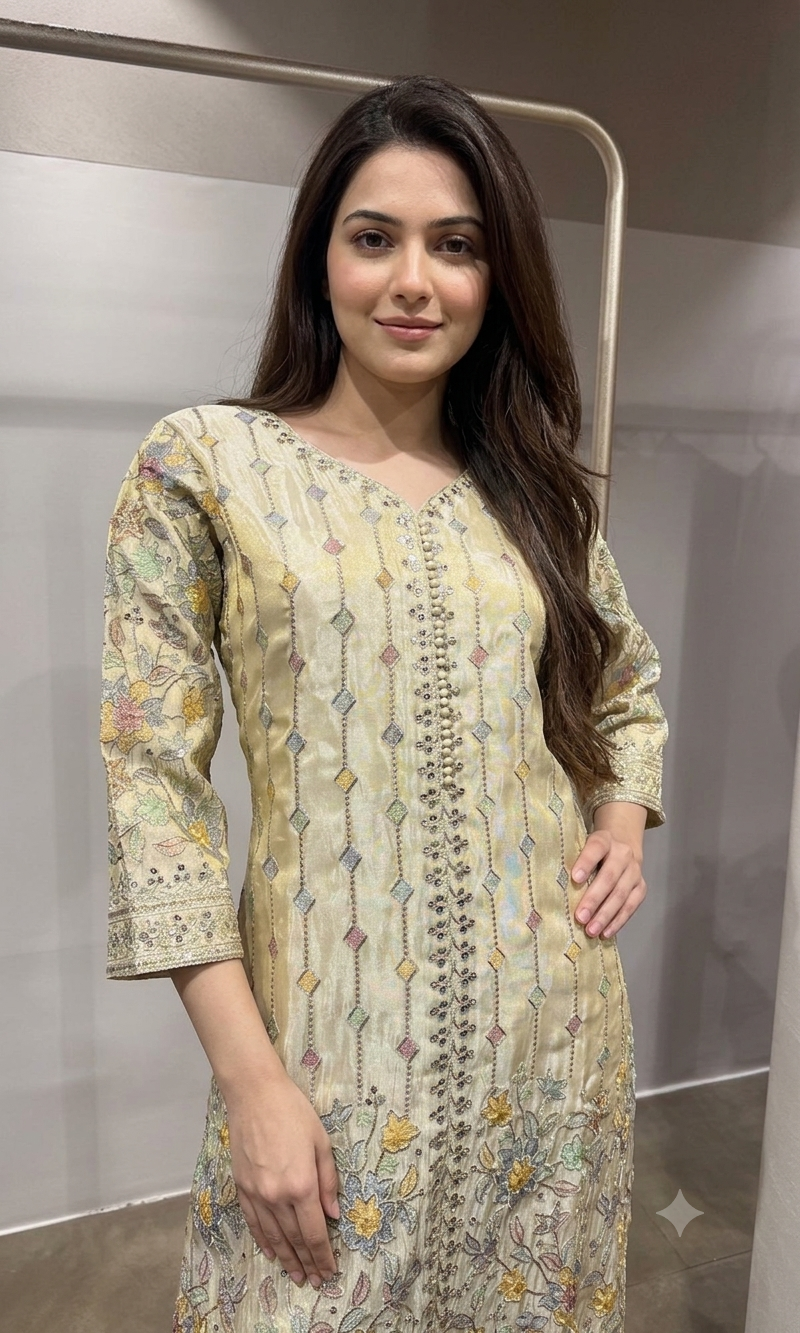 Cream Embroidered Straight Kurta SET
