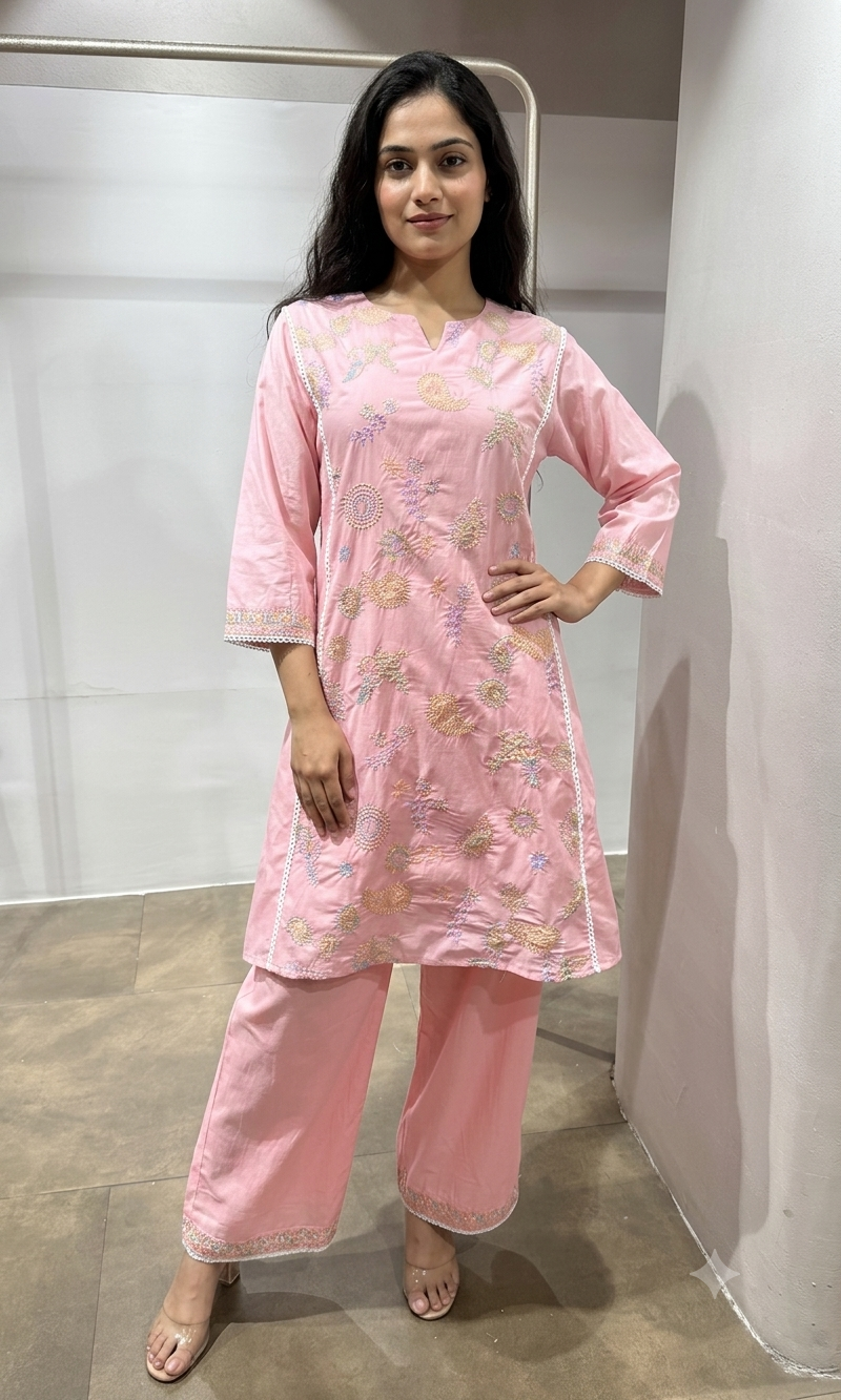 Peach embroidered cord set