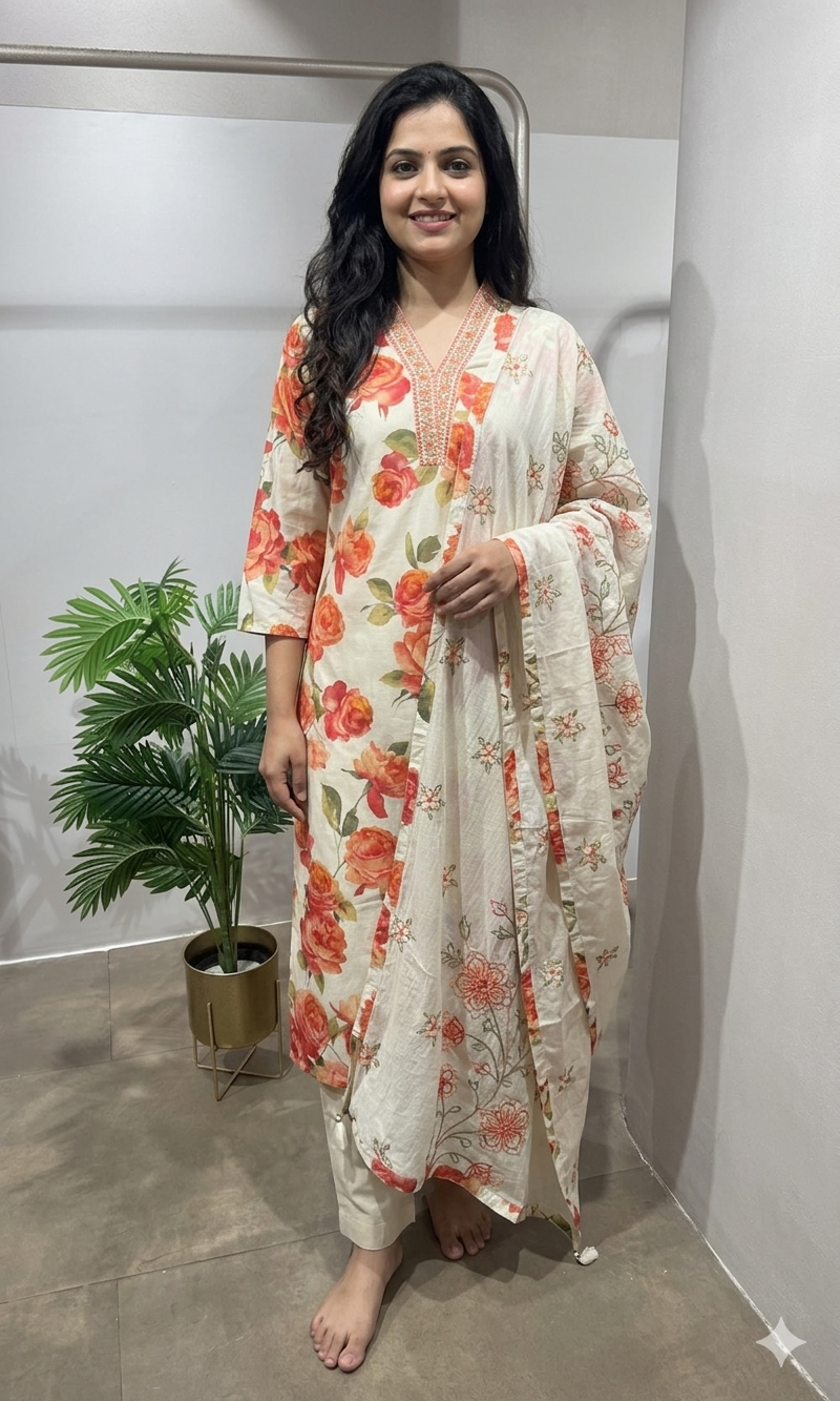 Cream floral print kurta set
