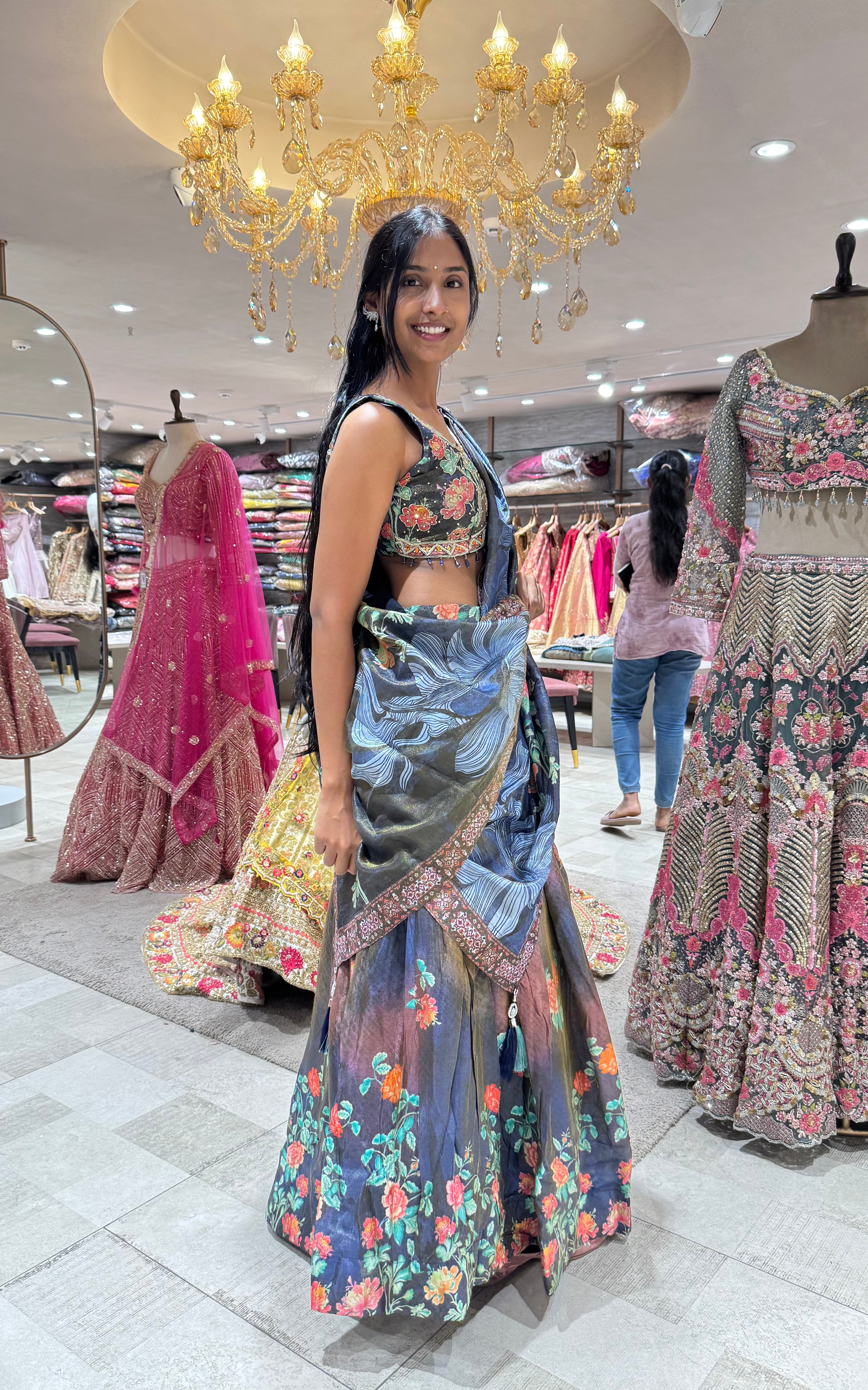 NAVY BLUE Artistic Crepe Saree Floral Motifs and Embellished Border