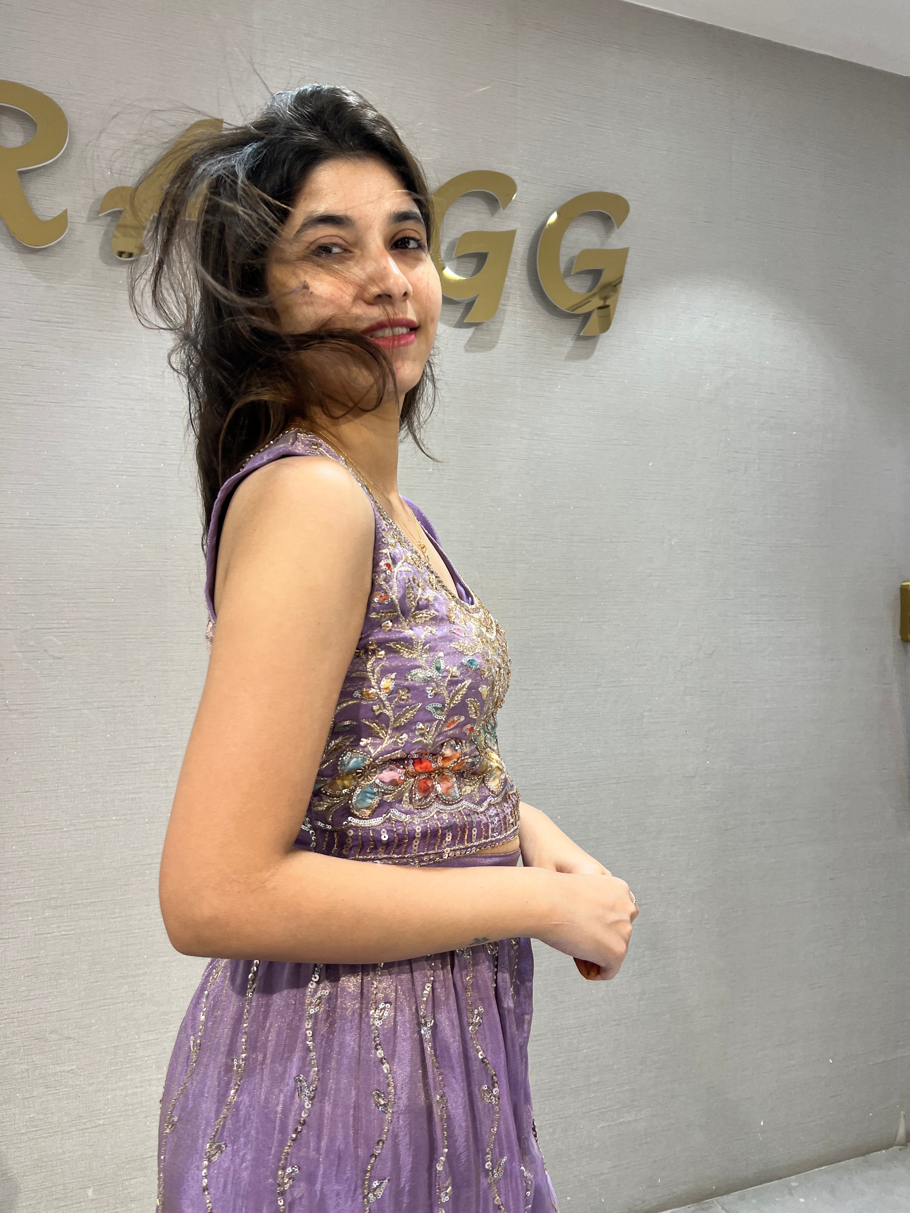 Lilac Embroidered Crop Top Palazzo & Dupatta Set