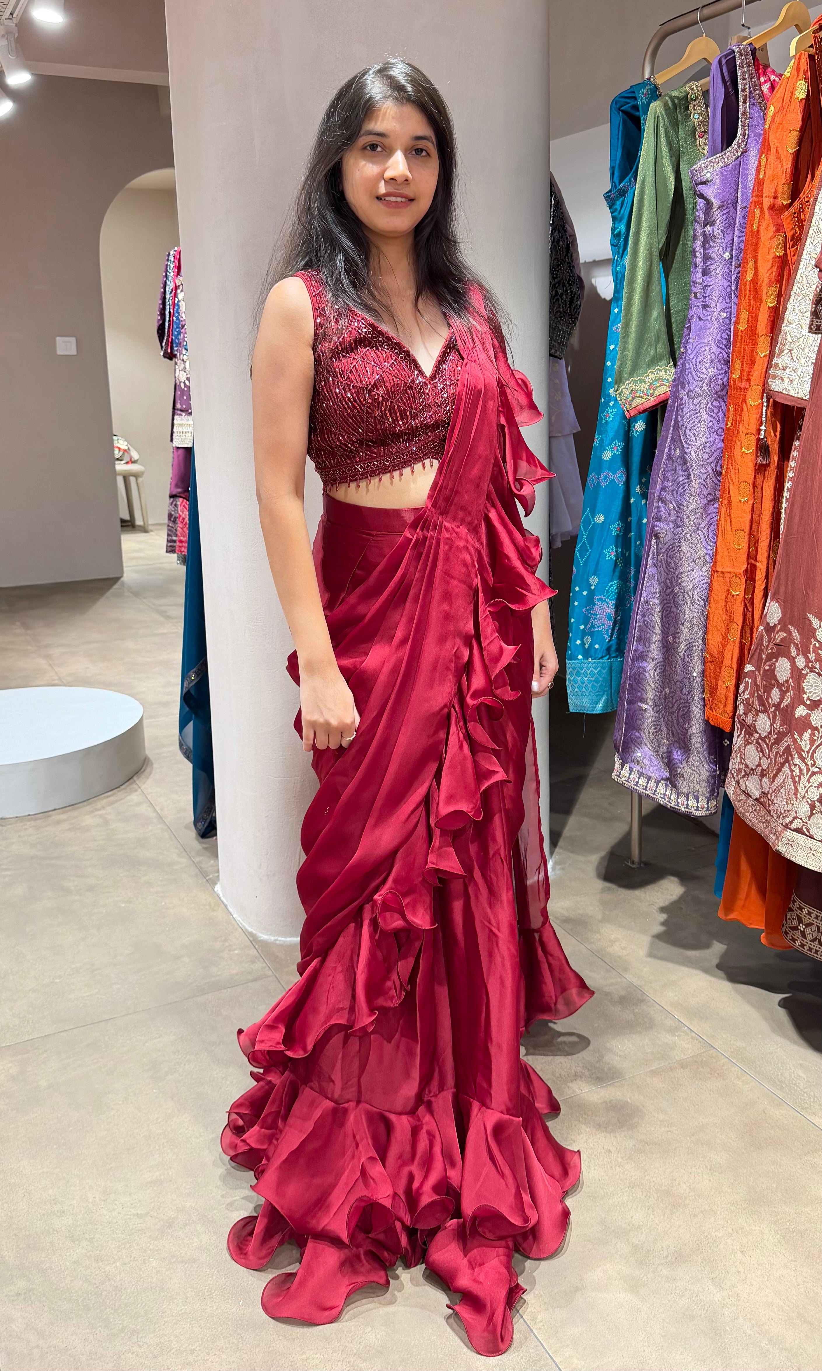 Maroon EMBELLISHED RUFFLE drape saree