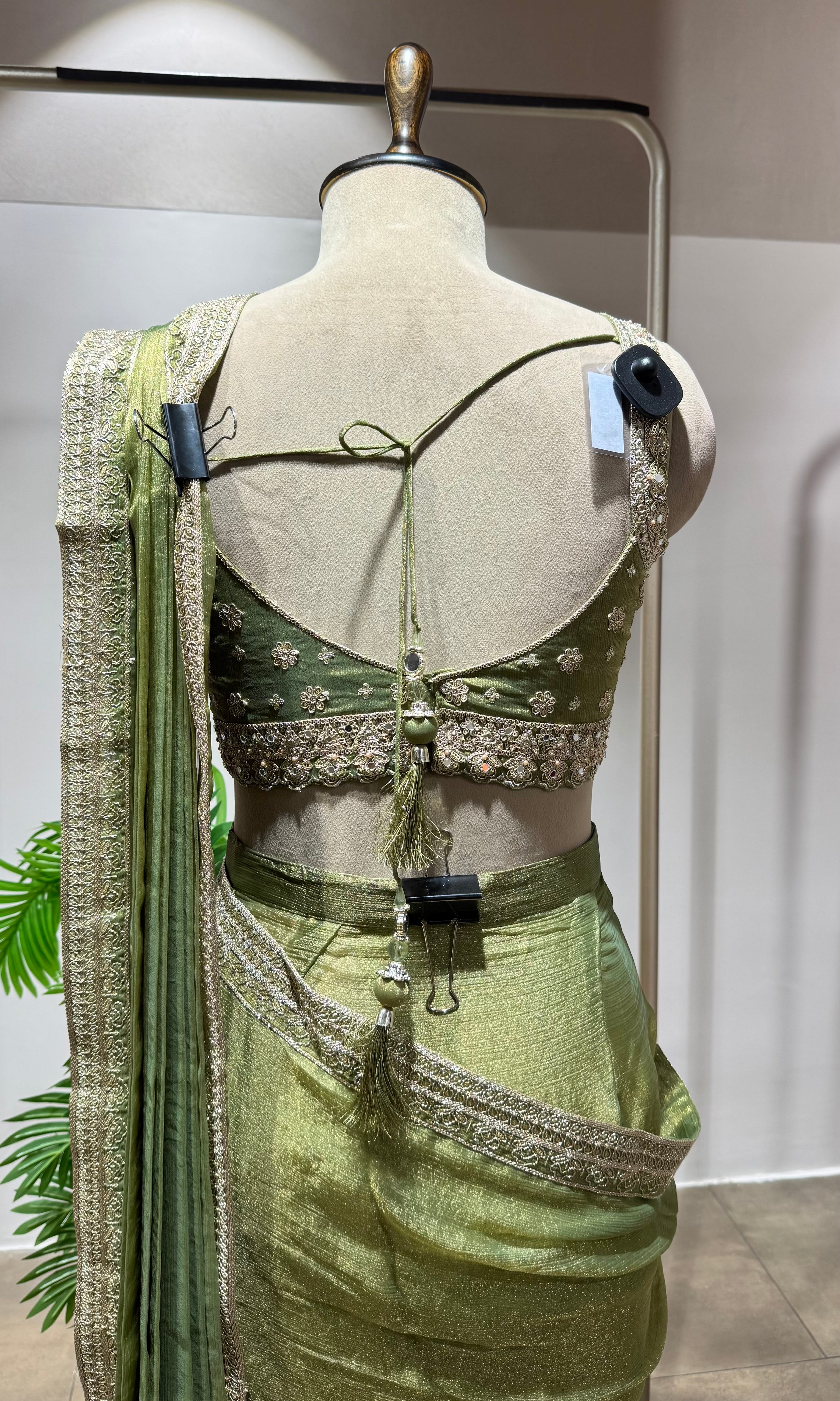 GREEN PLEATED DRAPE Saree with EMBELLISHED Blouse