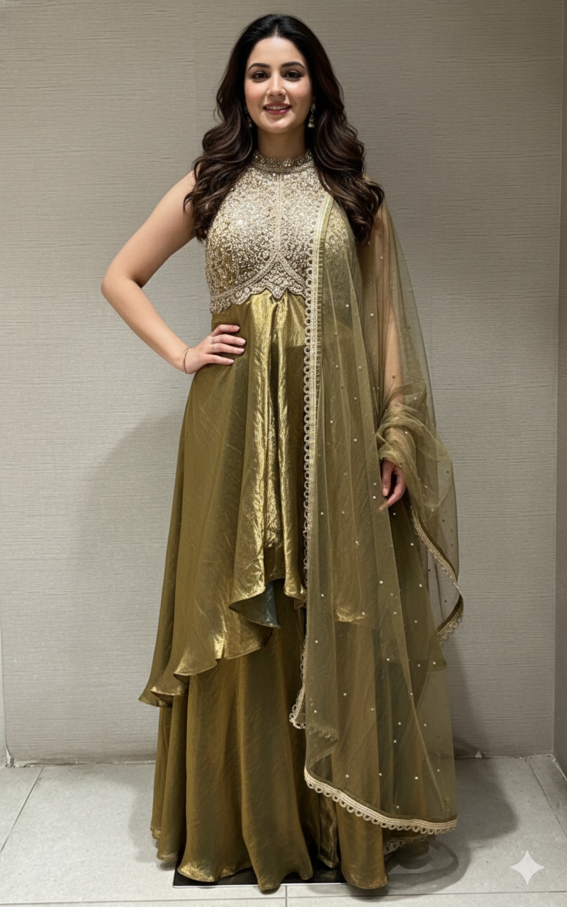 GREEN HALTER NECK ANARKALI WITH FLARED PANTS