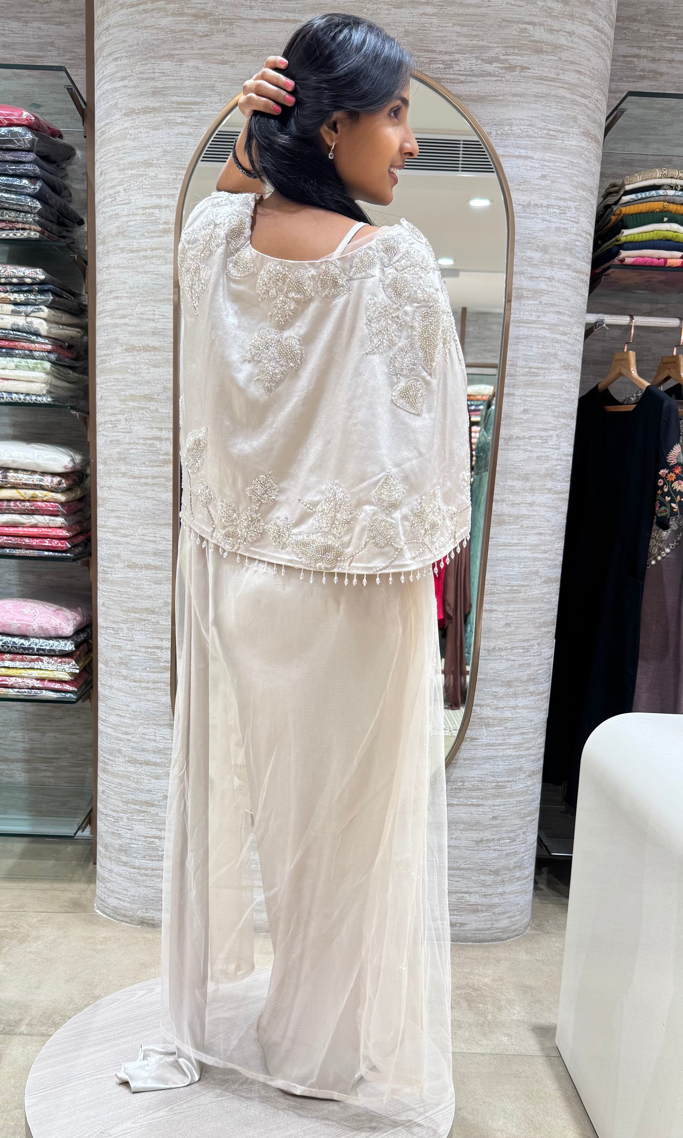 SILVER DRAPE SAREE WITH CORSET BLOUSE & CAPE