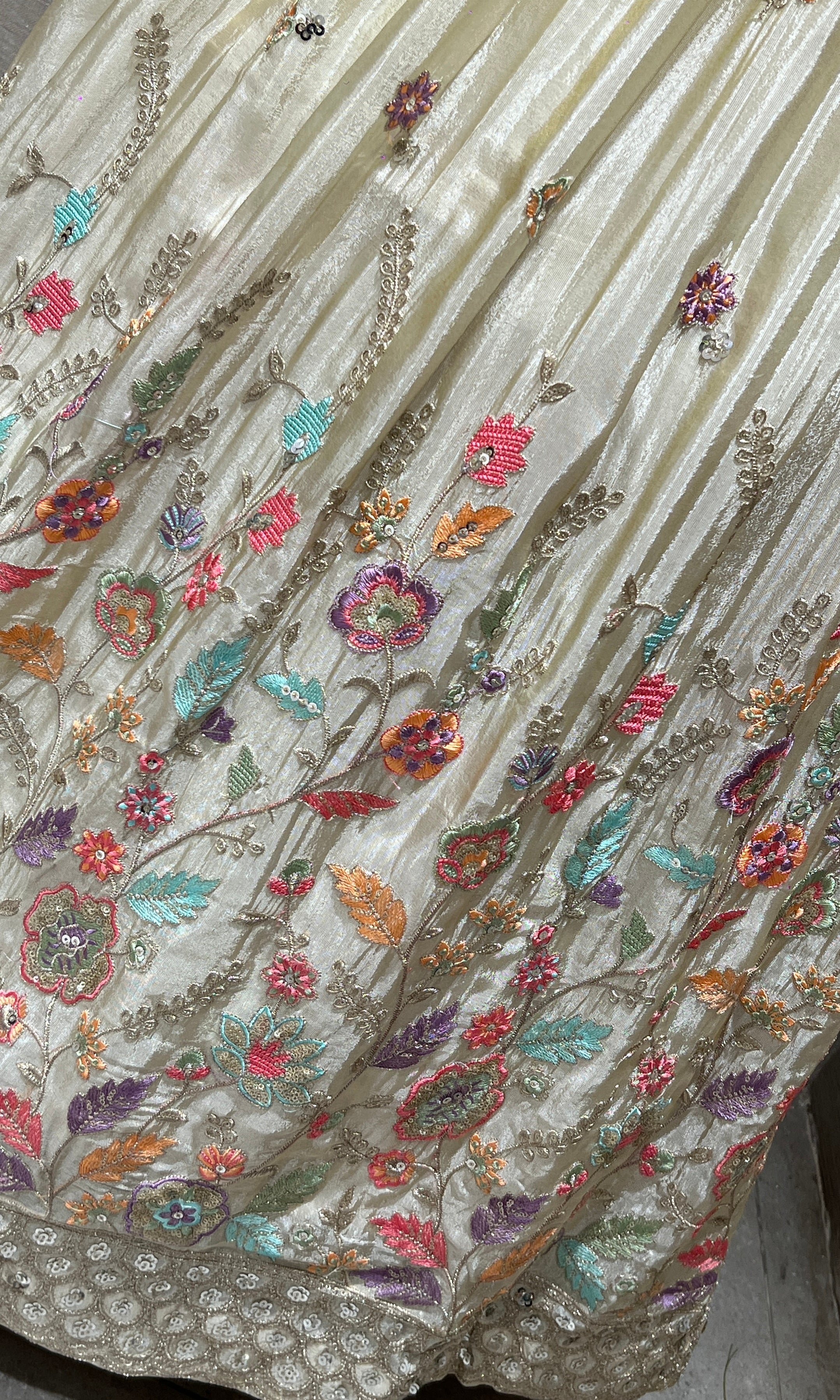 Pearl Glow Cream Anarkali Long Gown with Floral Detailing