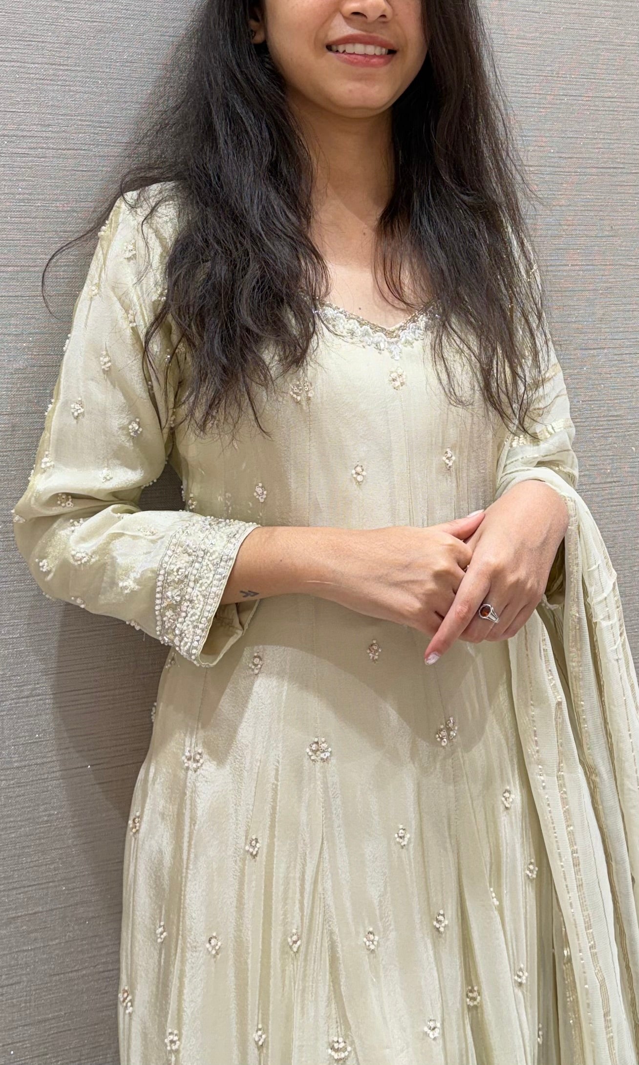 Half white FLORAL EMBROIDERED ANARKALI